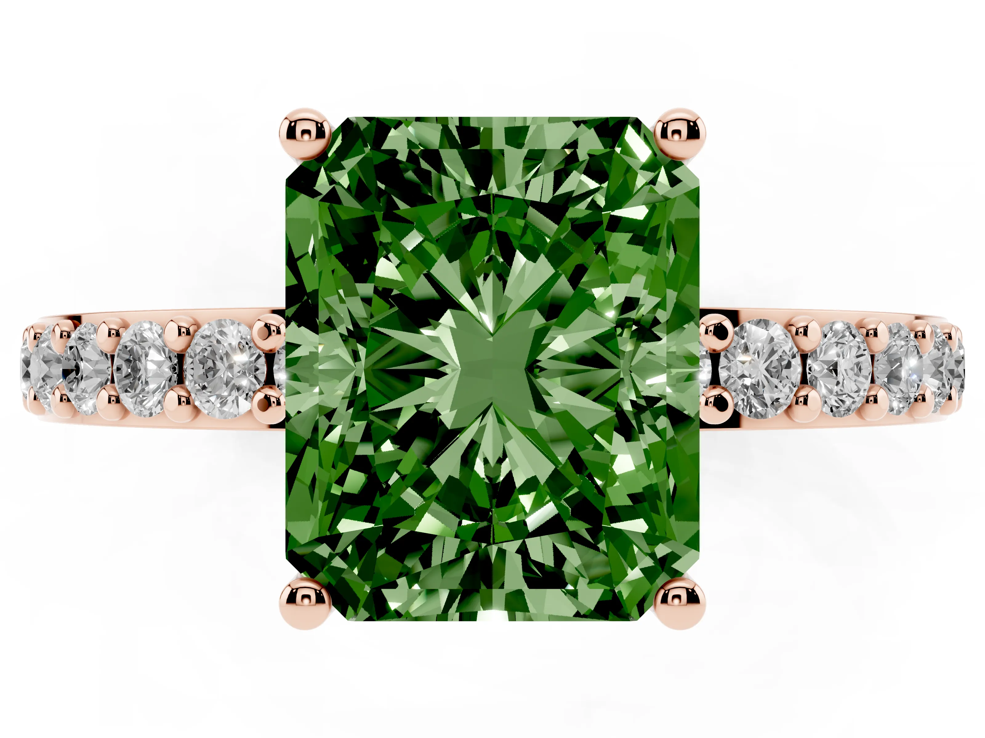 Fancy Green Radiant Cut Diamond Solitaire Set in Rose gold with Round Pavé Band and Prong Setting