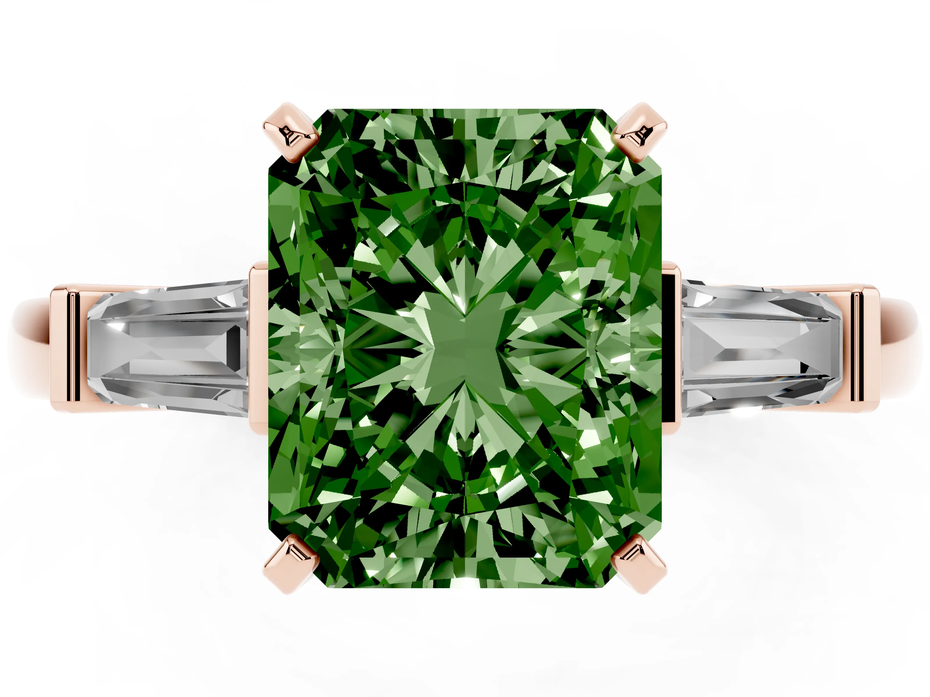 Fancy Green Radiant Cut Diamond Solitaire Ring Set in Rose gold with Tapered Baguette Accents and Prong Setting