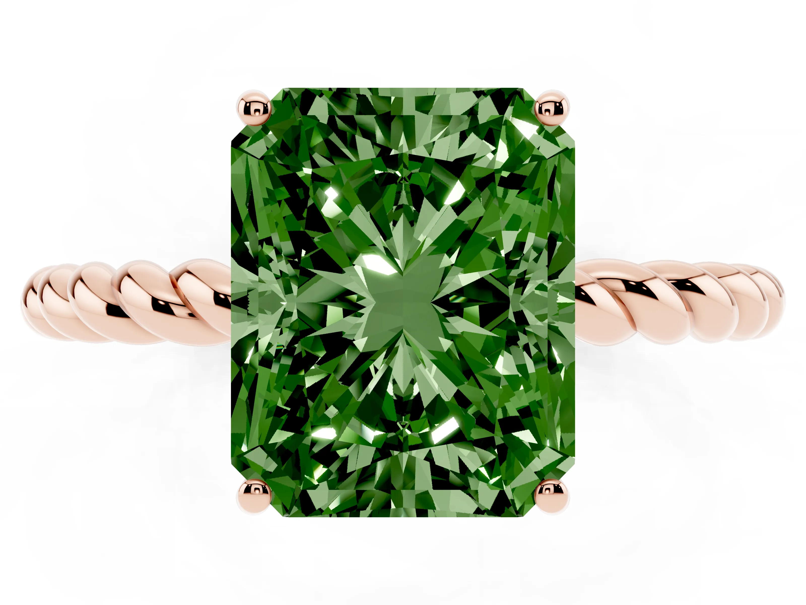 Fancy Green Radiant Cut Diamond Solitaire Ring Set in Rose gold with Twist Band and Prong Setting