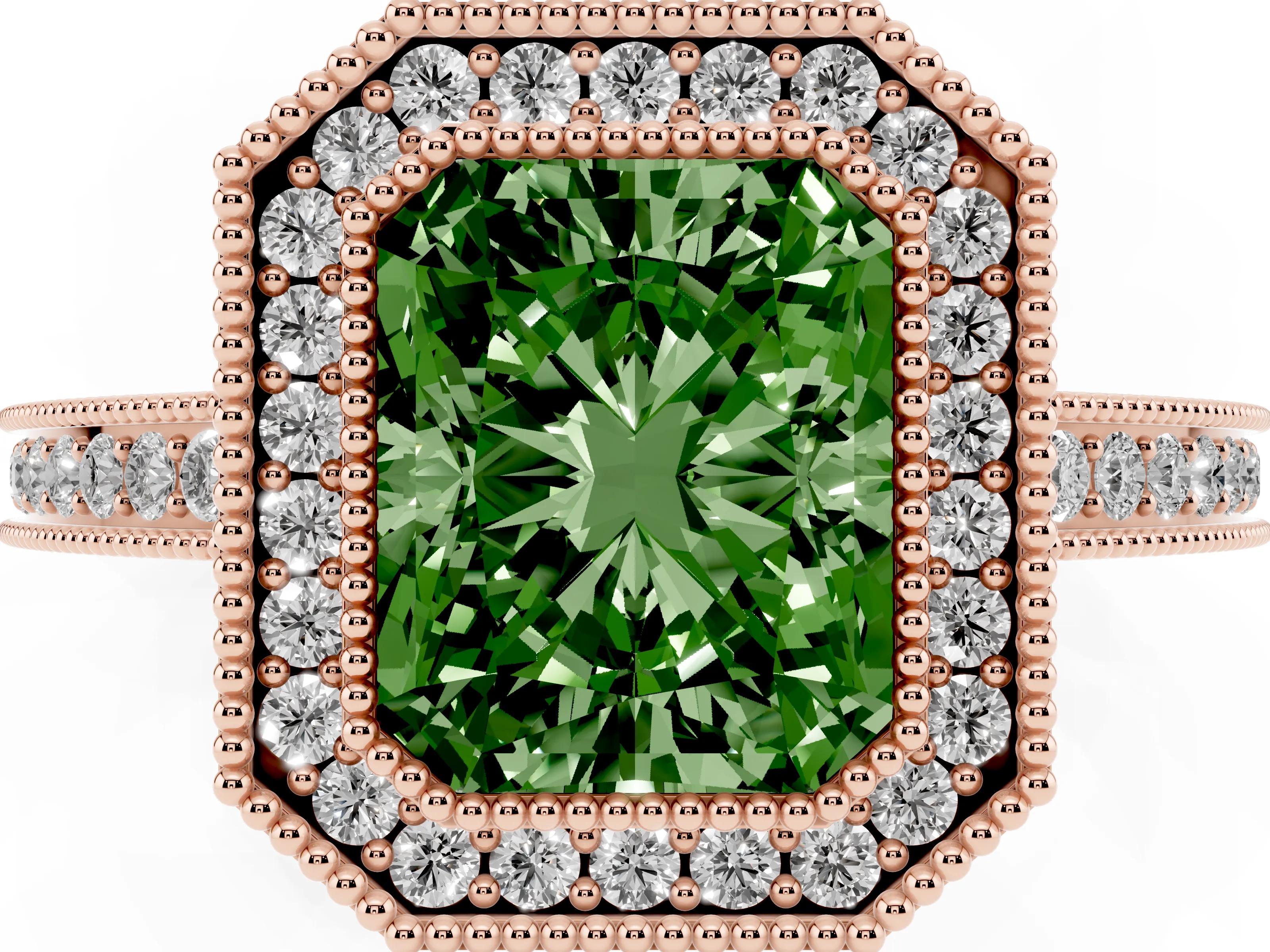 Fancy Green Radiant Cut Diamond Halo Ring Set in Rose gold with Pavé Band and Milgrain-Edged Prongs
