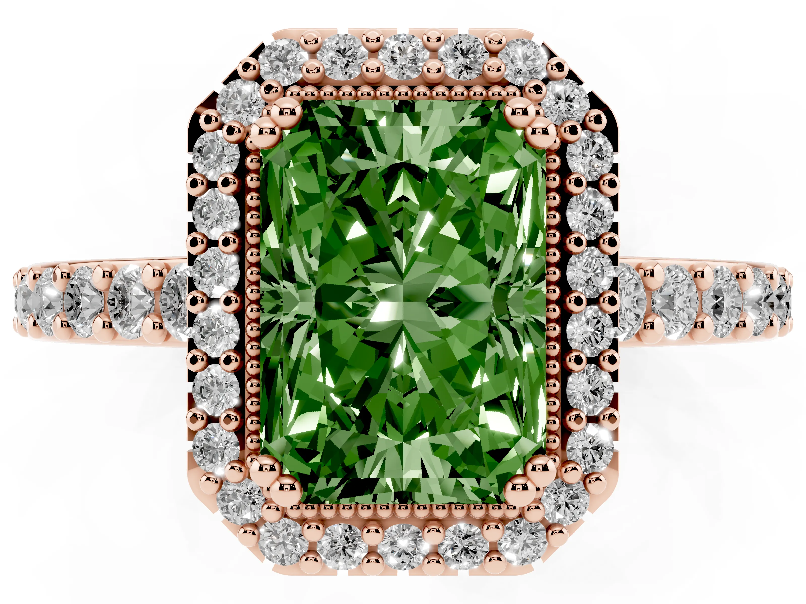 Fancy Green Radiant Cut Diamond Halo Engagement Ring Set in Rose gold with Milgrain Detail and Pavé Band