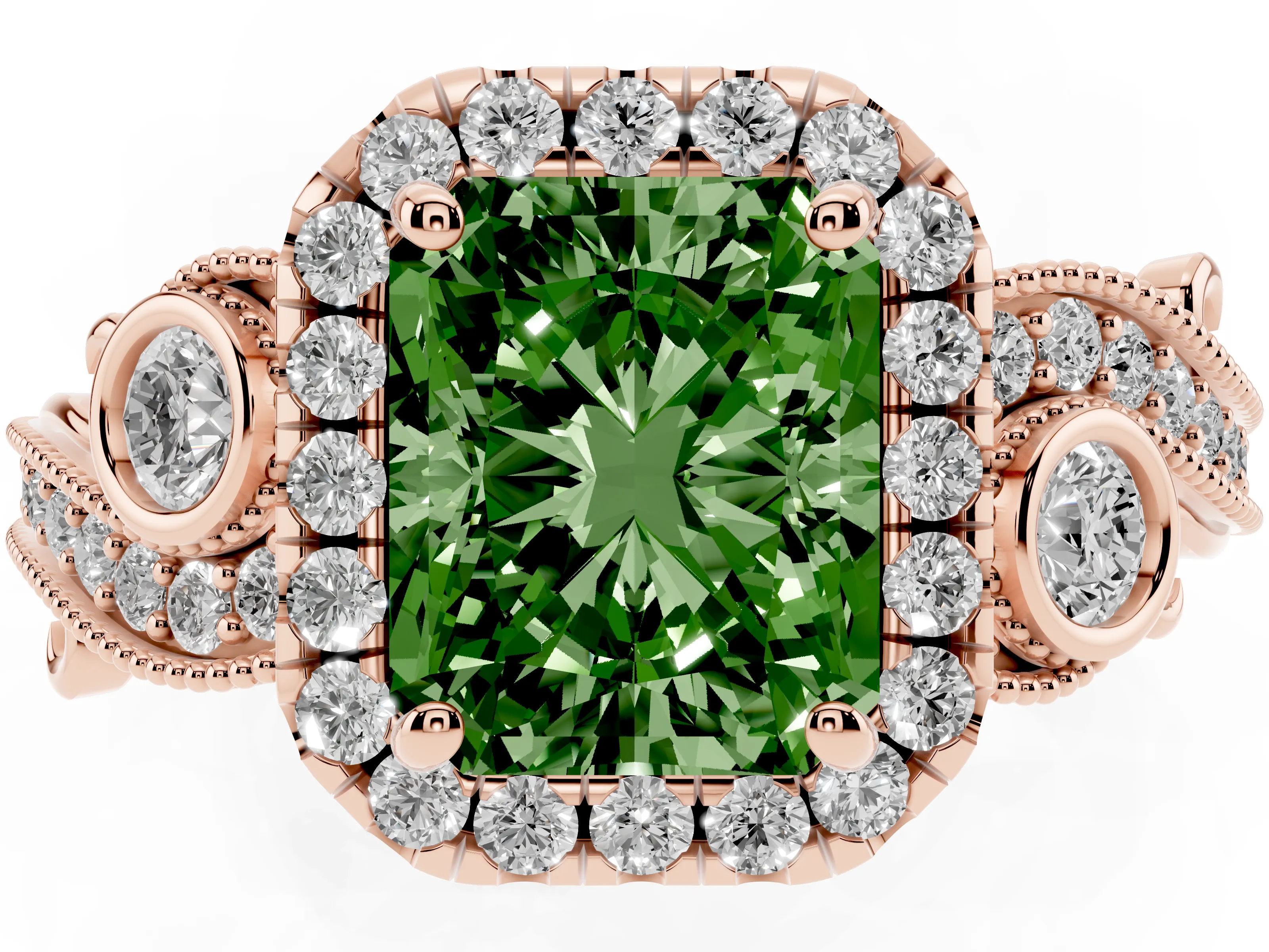 Fancy Green Radiant Cut Diamond Halo Ring Set in Rose gold with Milgrain Pavé Band and Prong Setting