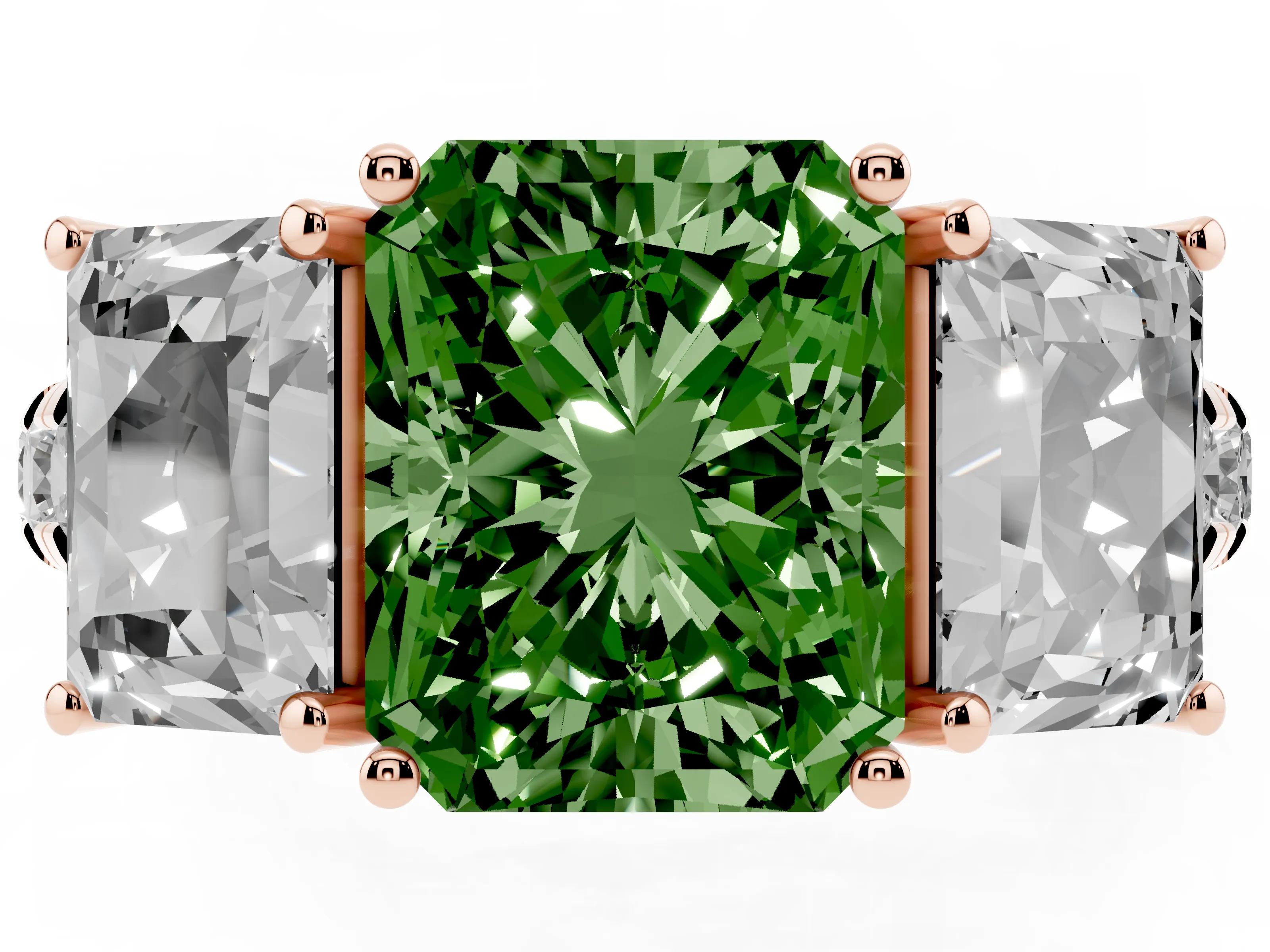 Fancy Green Radiant Cut Diamond Three-Stone Ring Set in Rose gold with Pavé Band