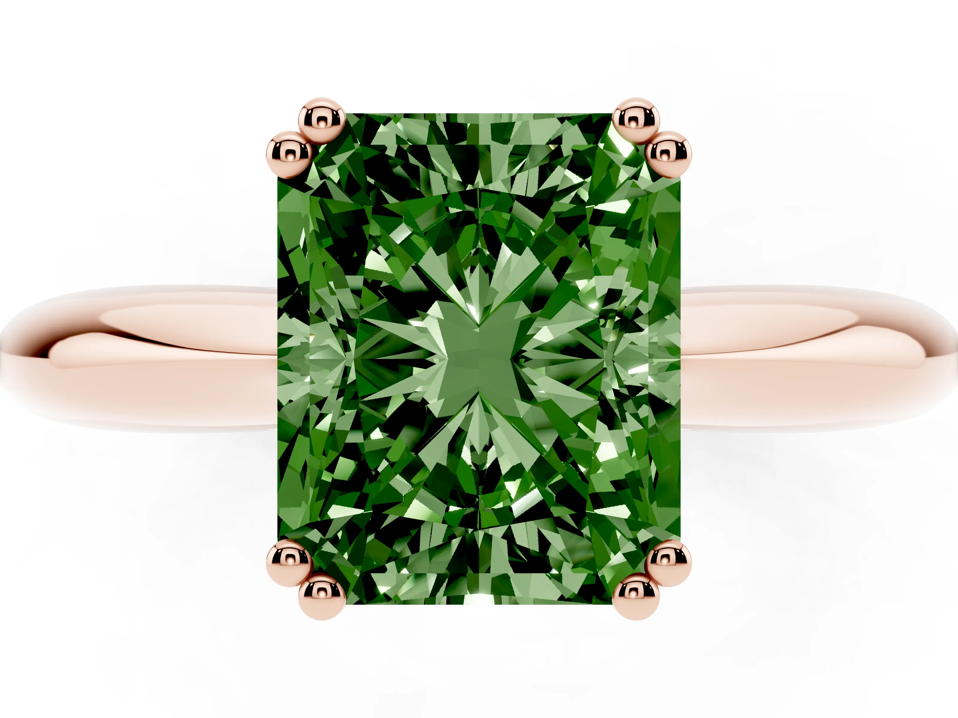 Fancy Green Radiant Cut Diamond Solitaire Engagement Ring Set in Rose gold with Tapered Band and Prong Setting