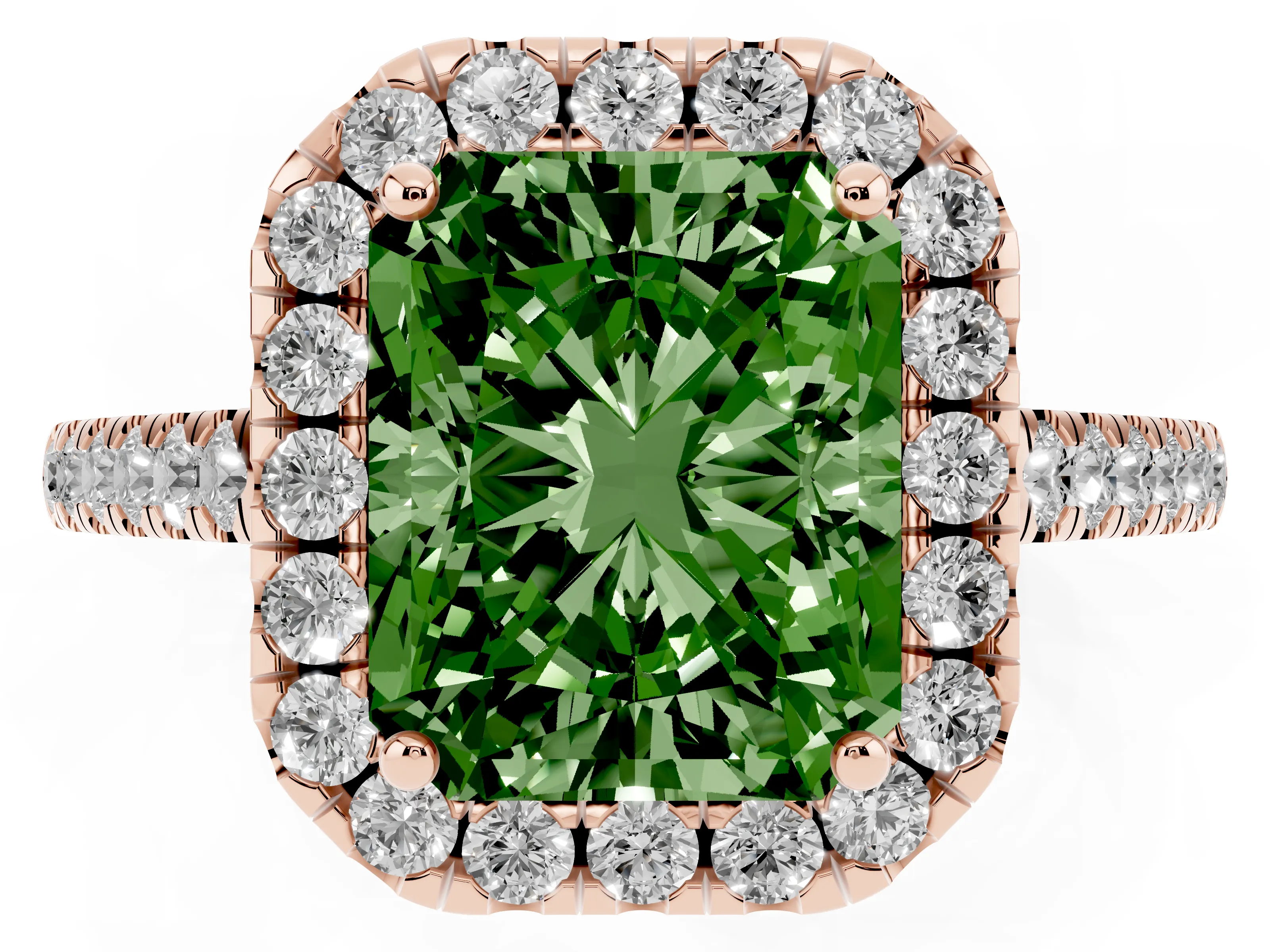 Fancy Green Radiant Cut Diamond Pavé Halo Engagement Ring Set in Rose gold with Pavé Band and Prong Setting