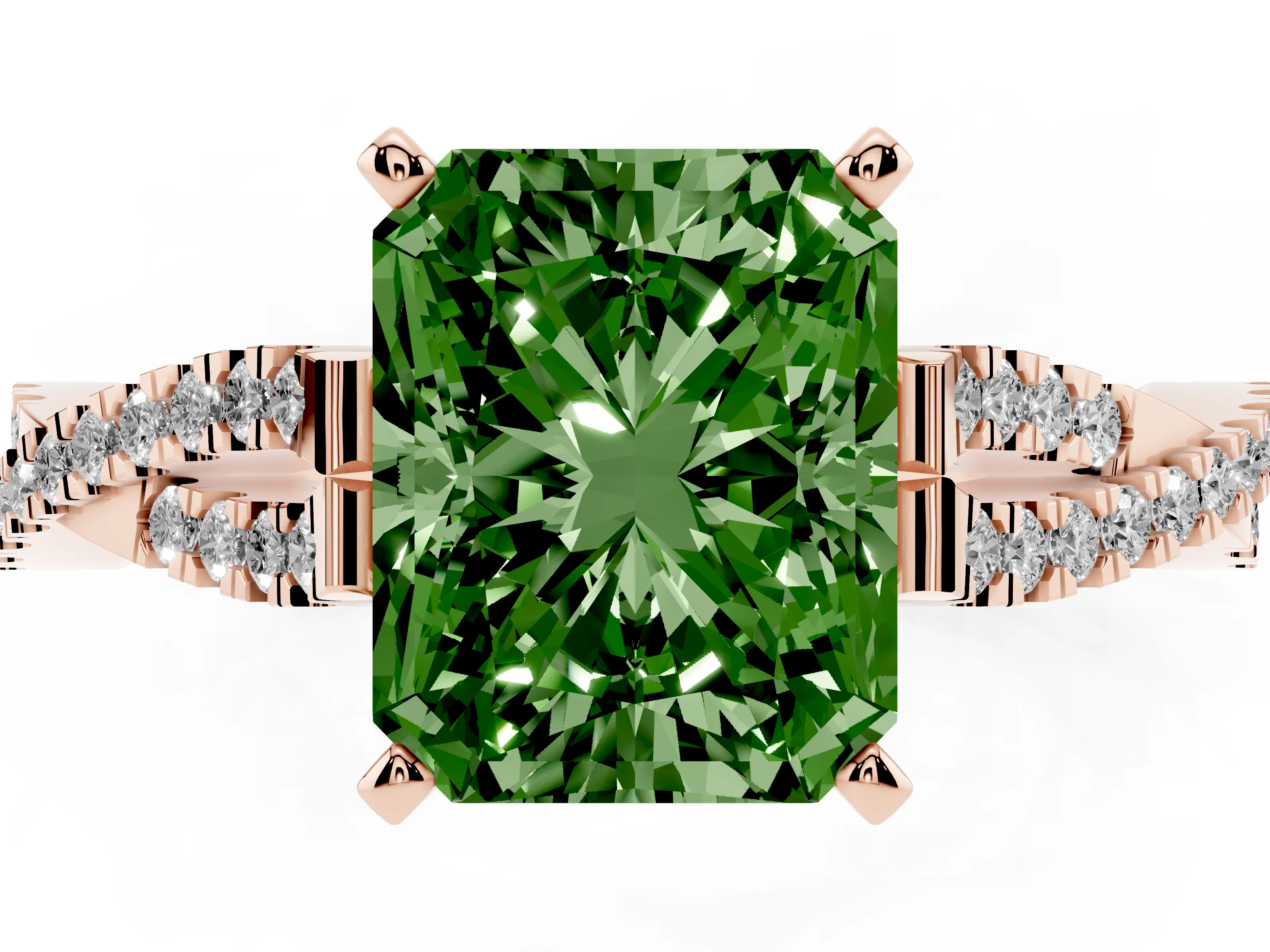 Fancy Green Radiant Cut Diamond Solitaire Engagement Ring Set in Rose gold with Twisted Pavé Band and Prong Setting