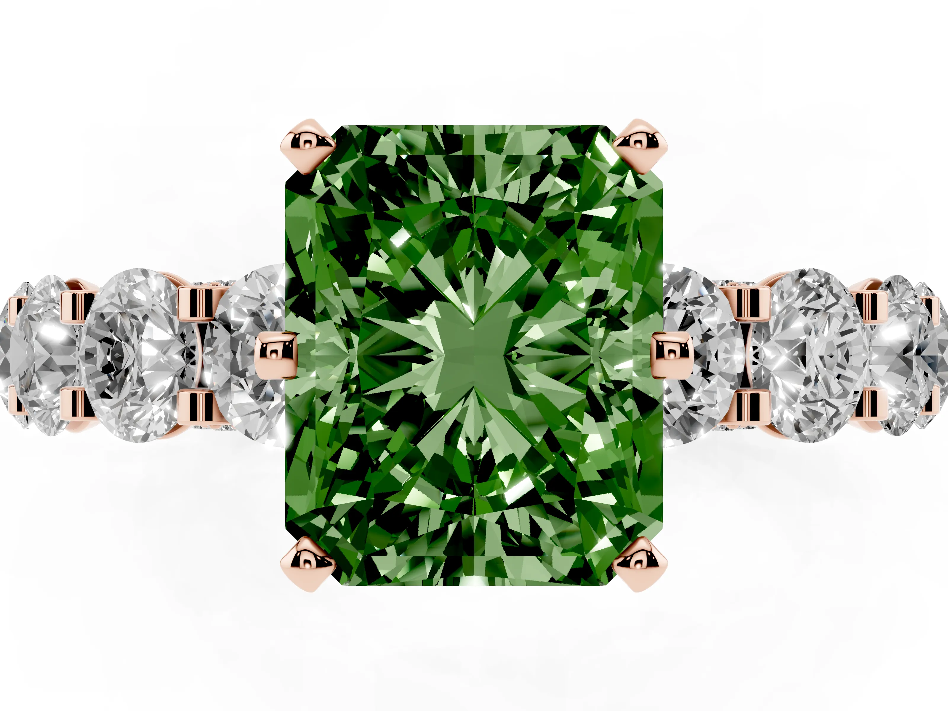 Fancy Green Radiant Cut Diamond Side Stone Ring Set in Rose gold with Alternating Round and Oval Side Stones