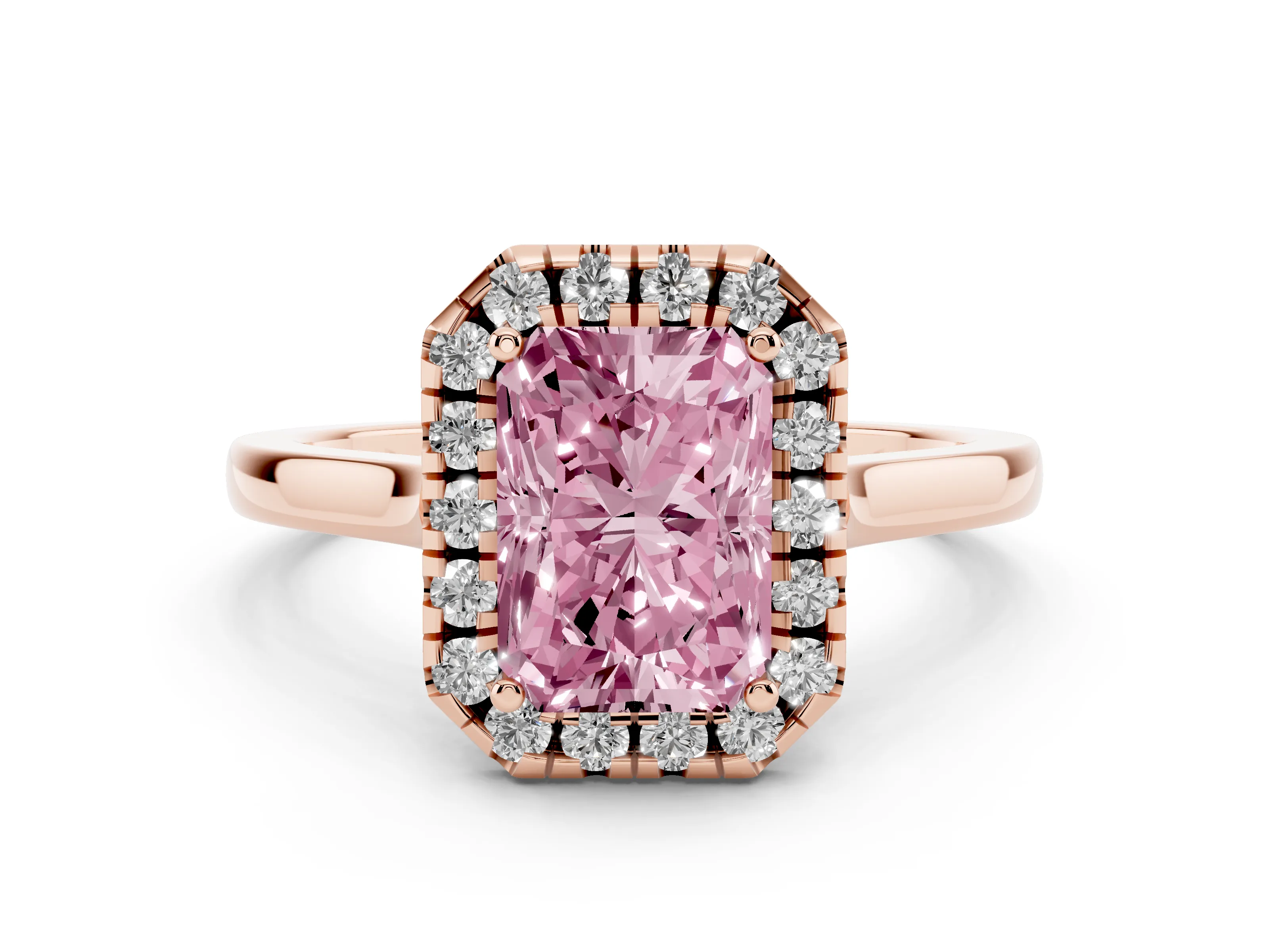Fancy Pink Radiant Cut Halo Round Diamond Solitaire Ring Set in Rose gold with Pavé Band and Prong Setting