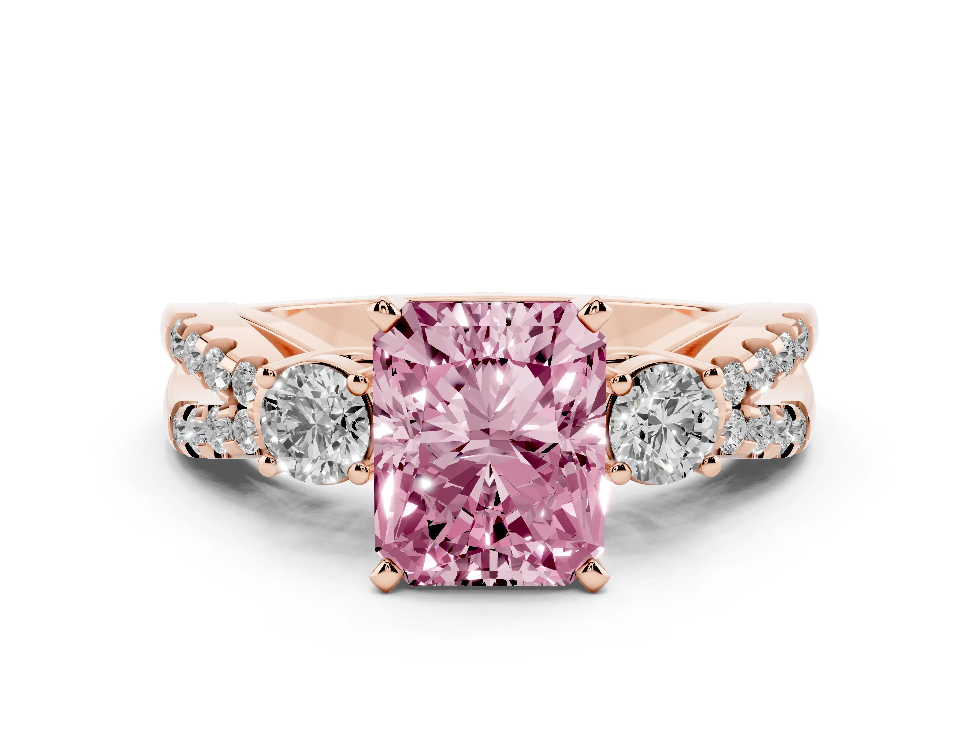 Fancy Pink Radiant Cut Diamond Three-Stone Ring Set in Rose gold with Pavé Split Shank and Prong Setting