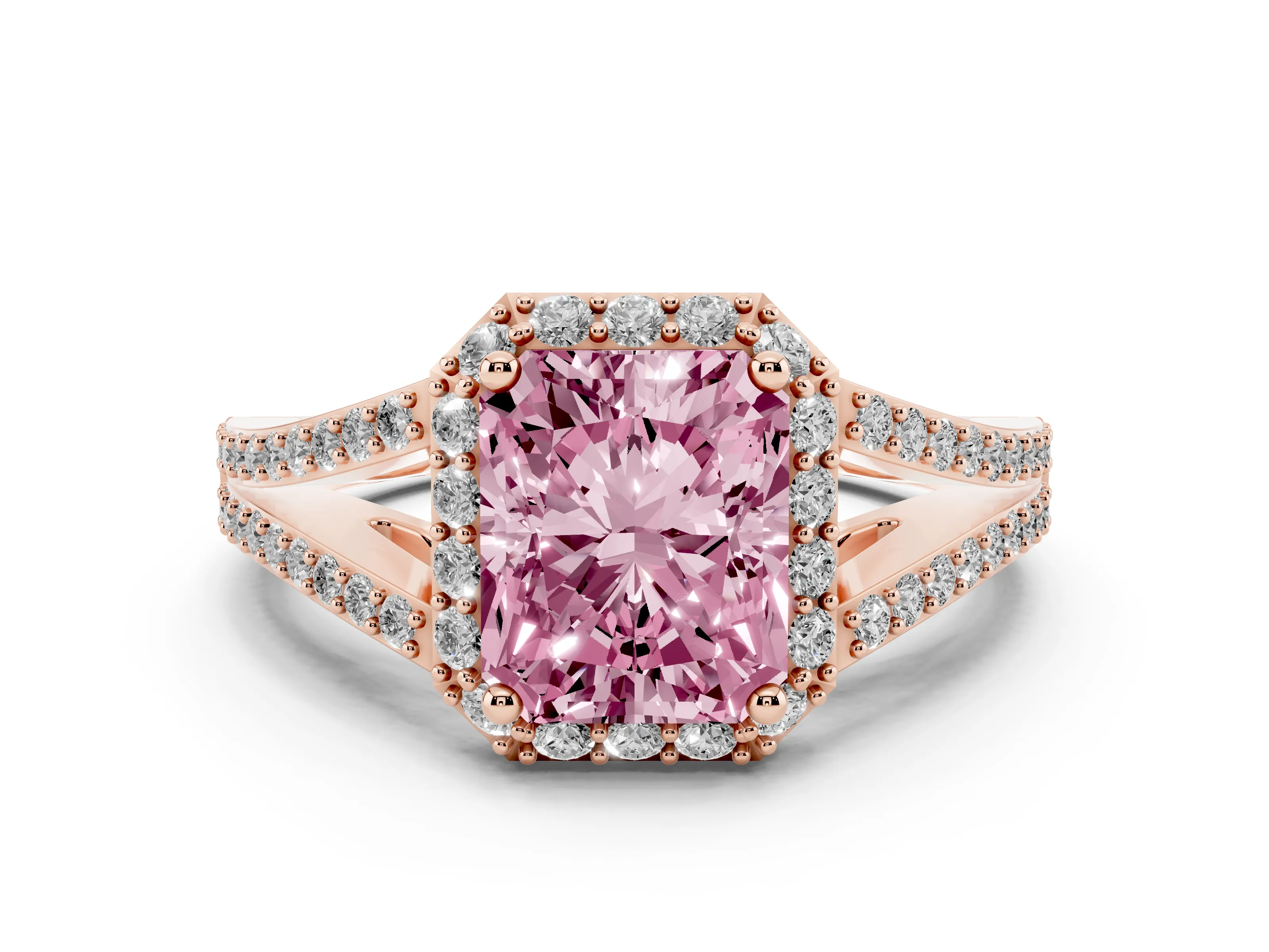 Fancy Pink Radiant Cut Diamond Halo Split Shank Pavé Ring Set in Rose gold with Prong Setting