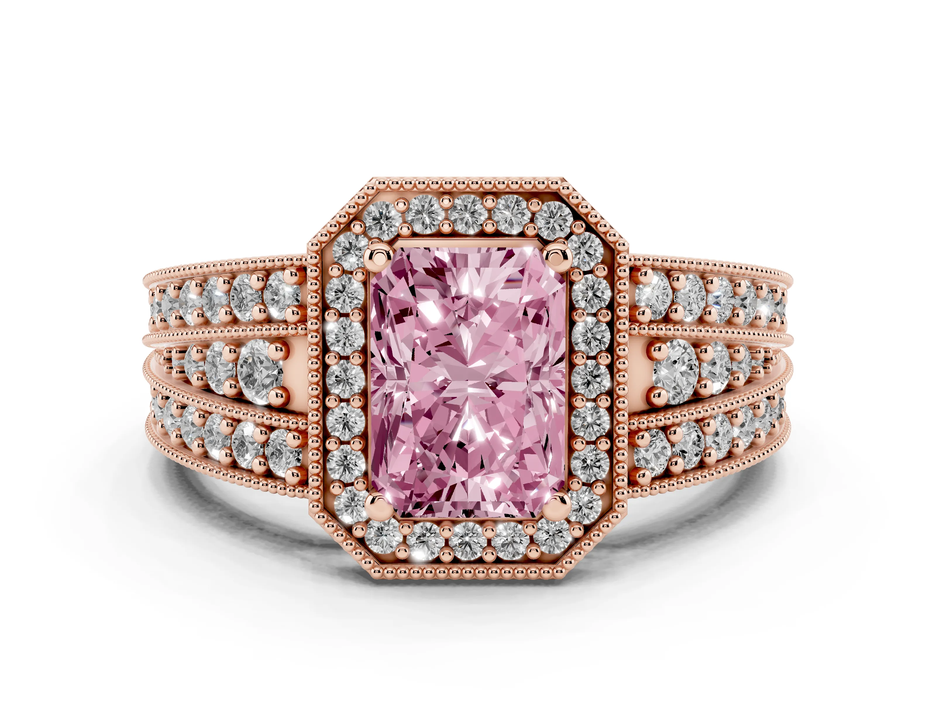 Fancy Pink Radiant Cut Diamond Halo Ring Set in Rose gold with Accent Split Shank and Prong Setting