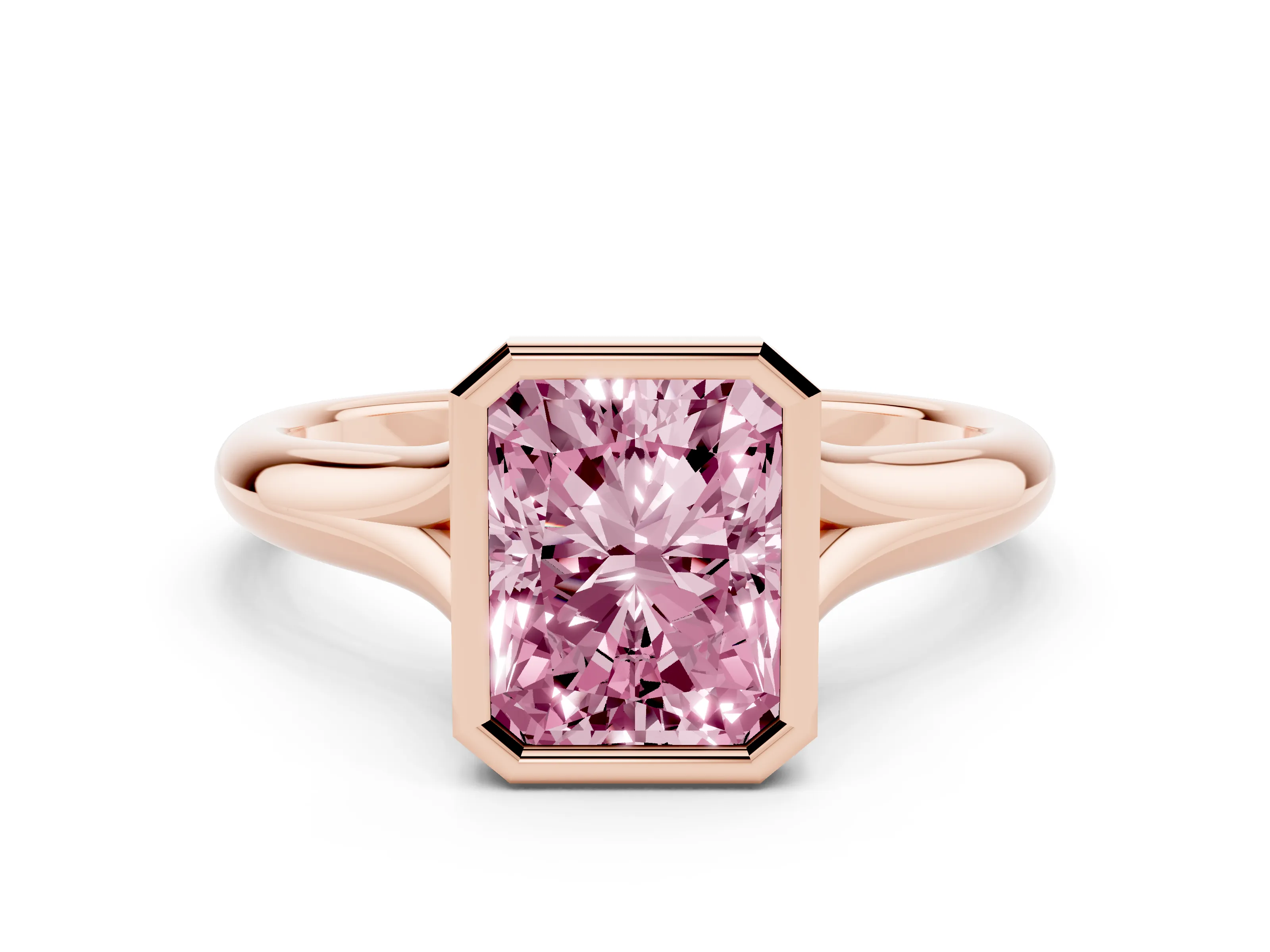 Fancy Pink Bezel Set Radiant Cut Diamond Solitaire Ring Set in Rose gold with Smooth Band