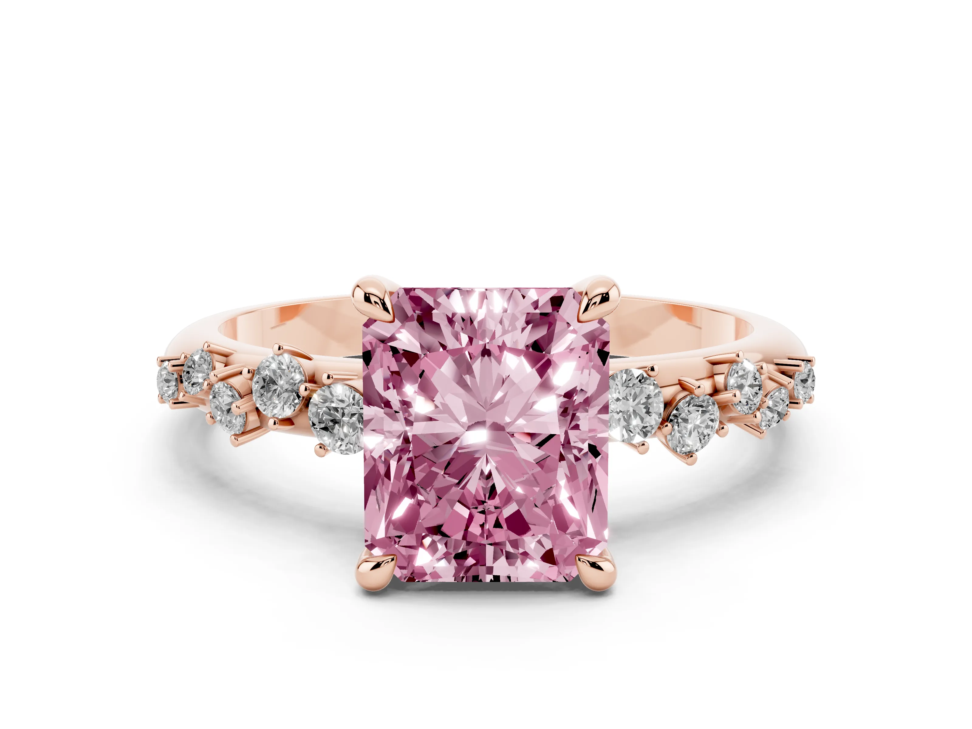 Fancy Pink Radiant Cut Diamond Solitaire Vine Band Ring Set in Rose gold with Round Accents and Prong Setting