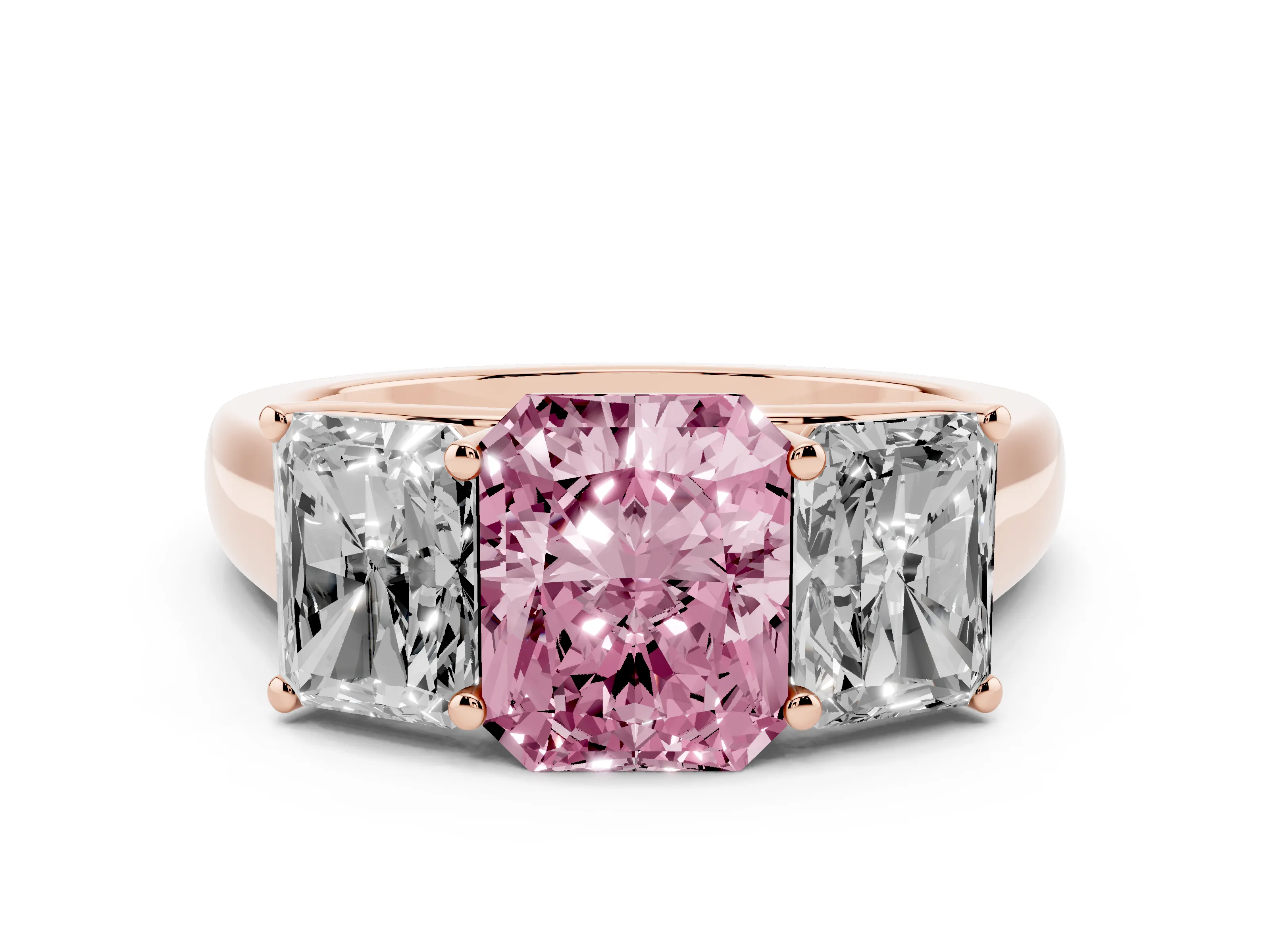 Fancy Pink Radiant Cut Diamond Three-Stone Ring Set in Rose gold with Plain Polished Band