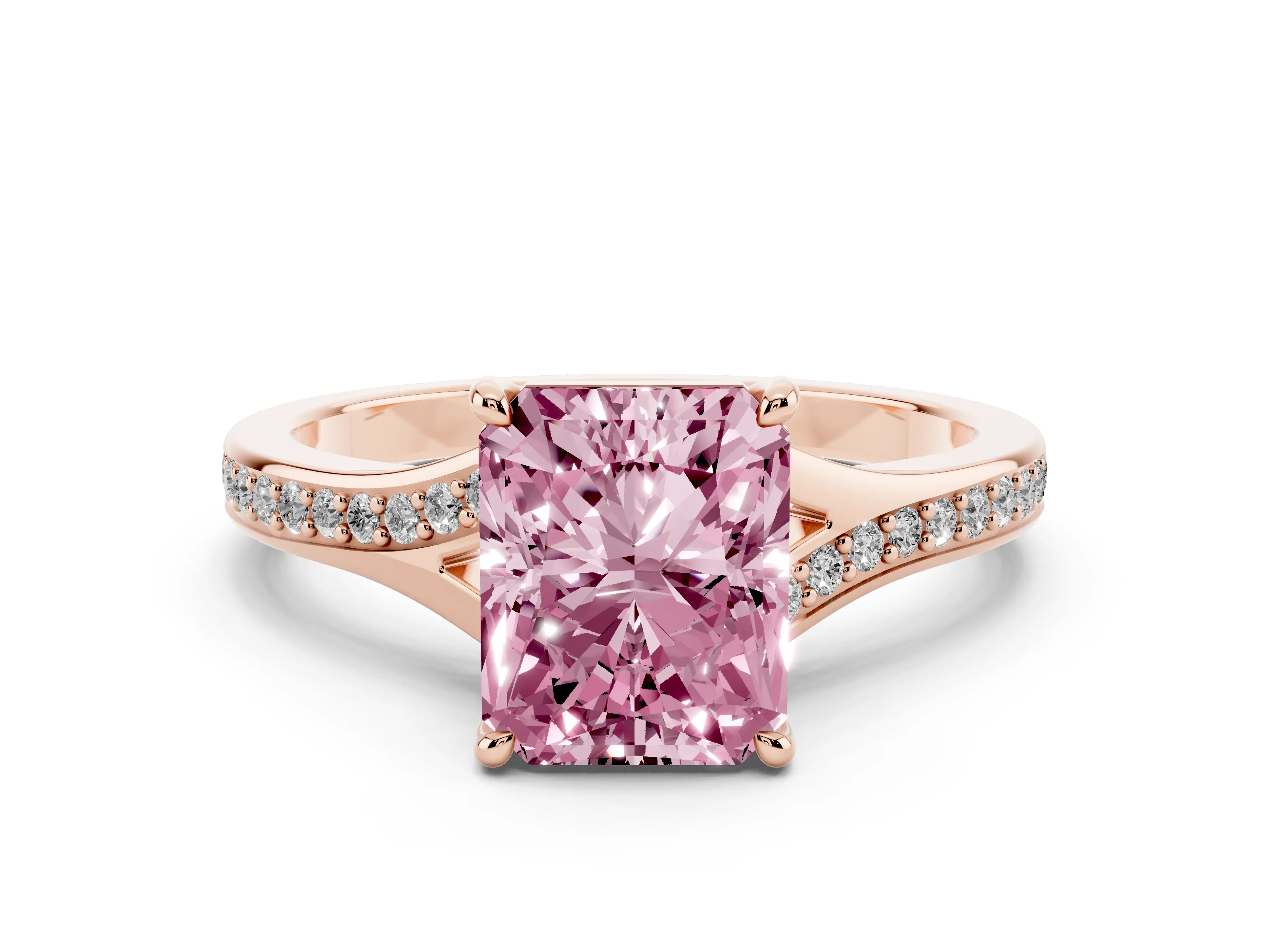 Fancy Pink Radiant Cut Diamond Solitaire Ring Set in Rose gold with Pavé Accent Band and Classic Prong Setting