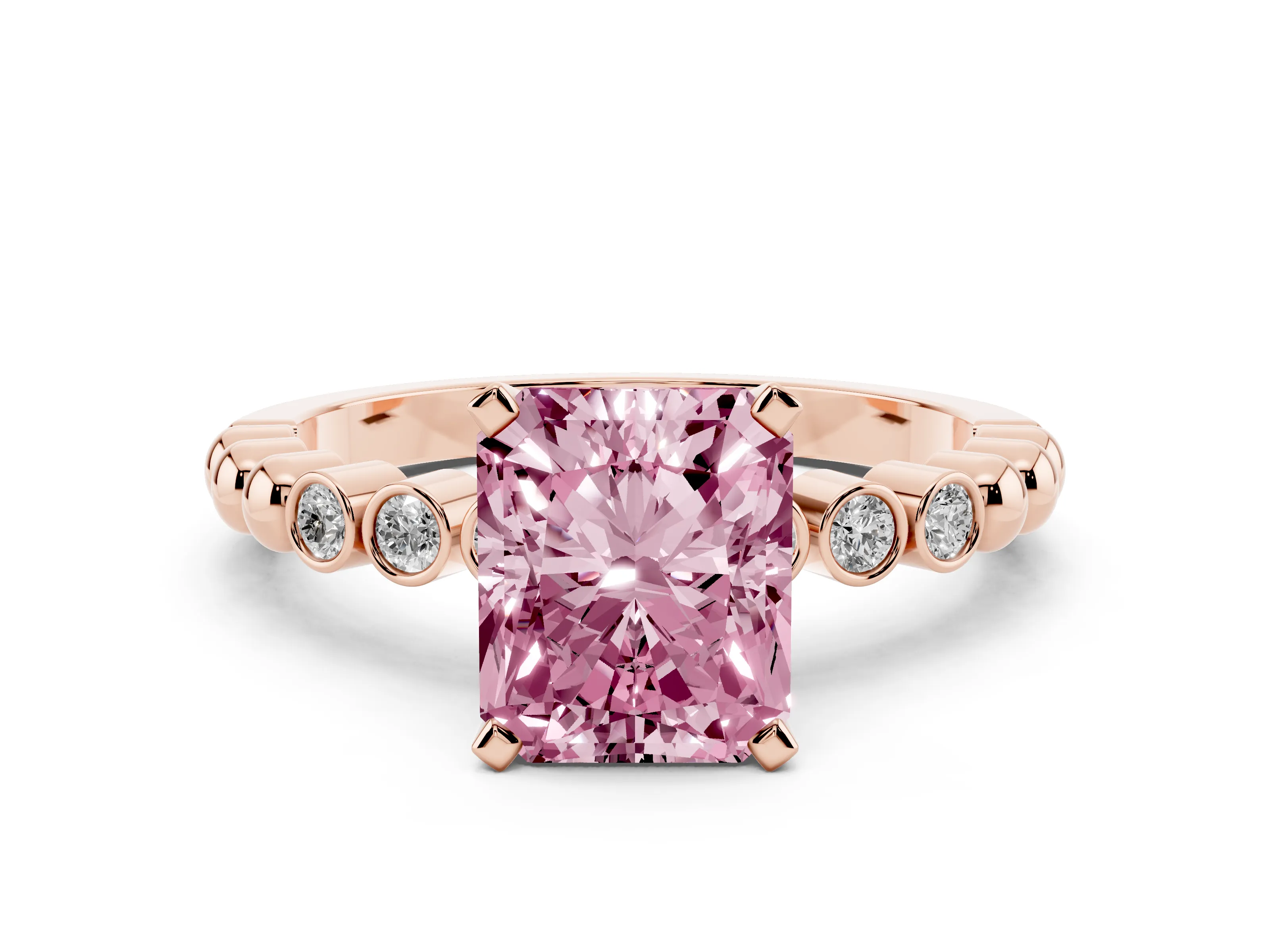 Fancy Pink Radiant Cut Diamond Solitaire Engagement Ring Set in Rose gold with Bezel Accents on Beaded Band