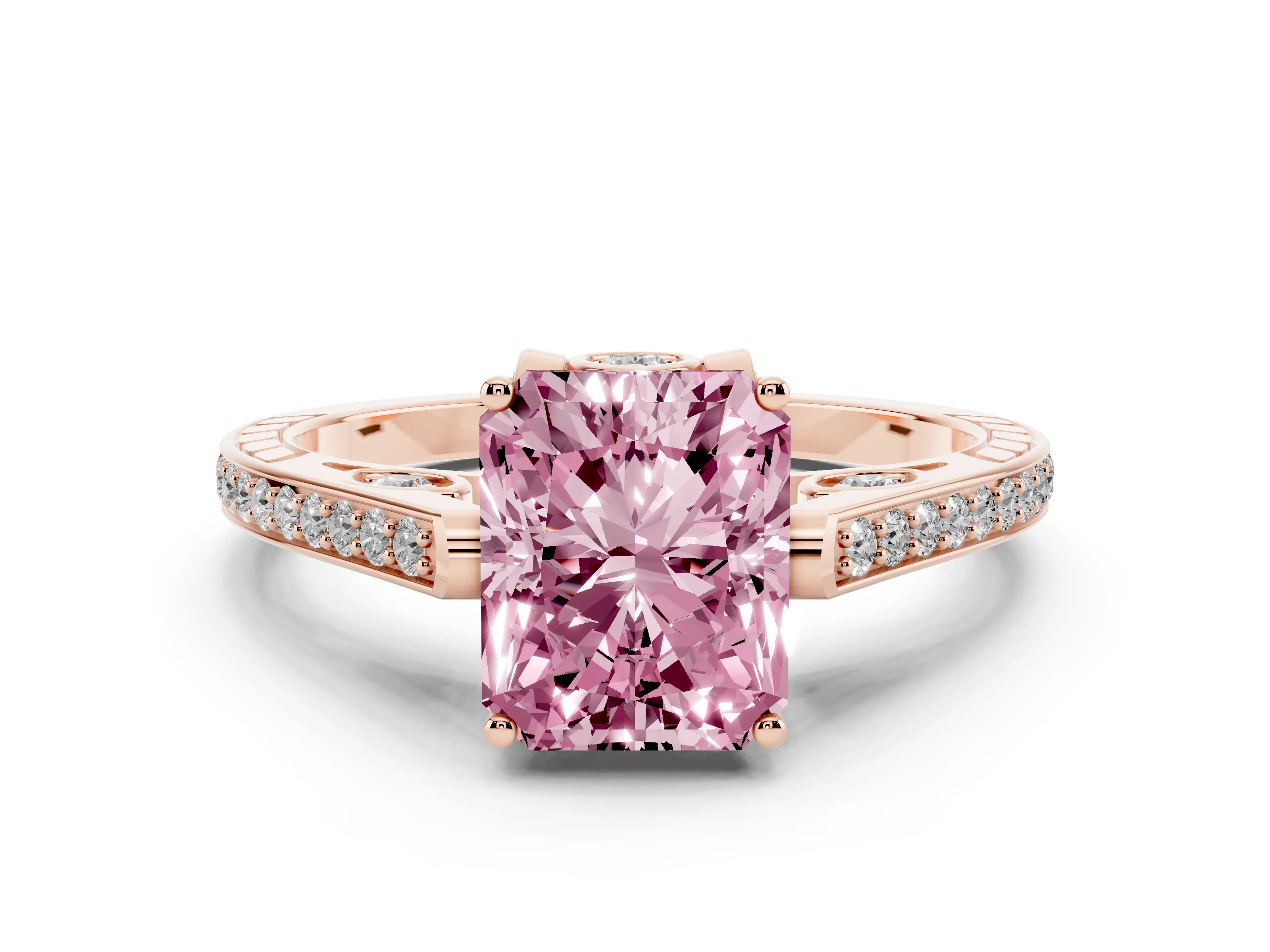 Fancy Pink Radiant Cut Diamond Cathedral Pavé Engagement Ring Set in Rose gold with Prong Setting