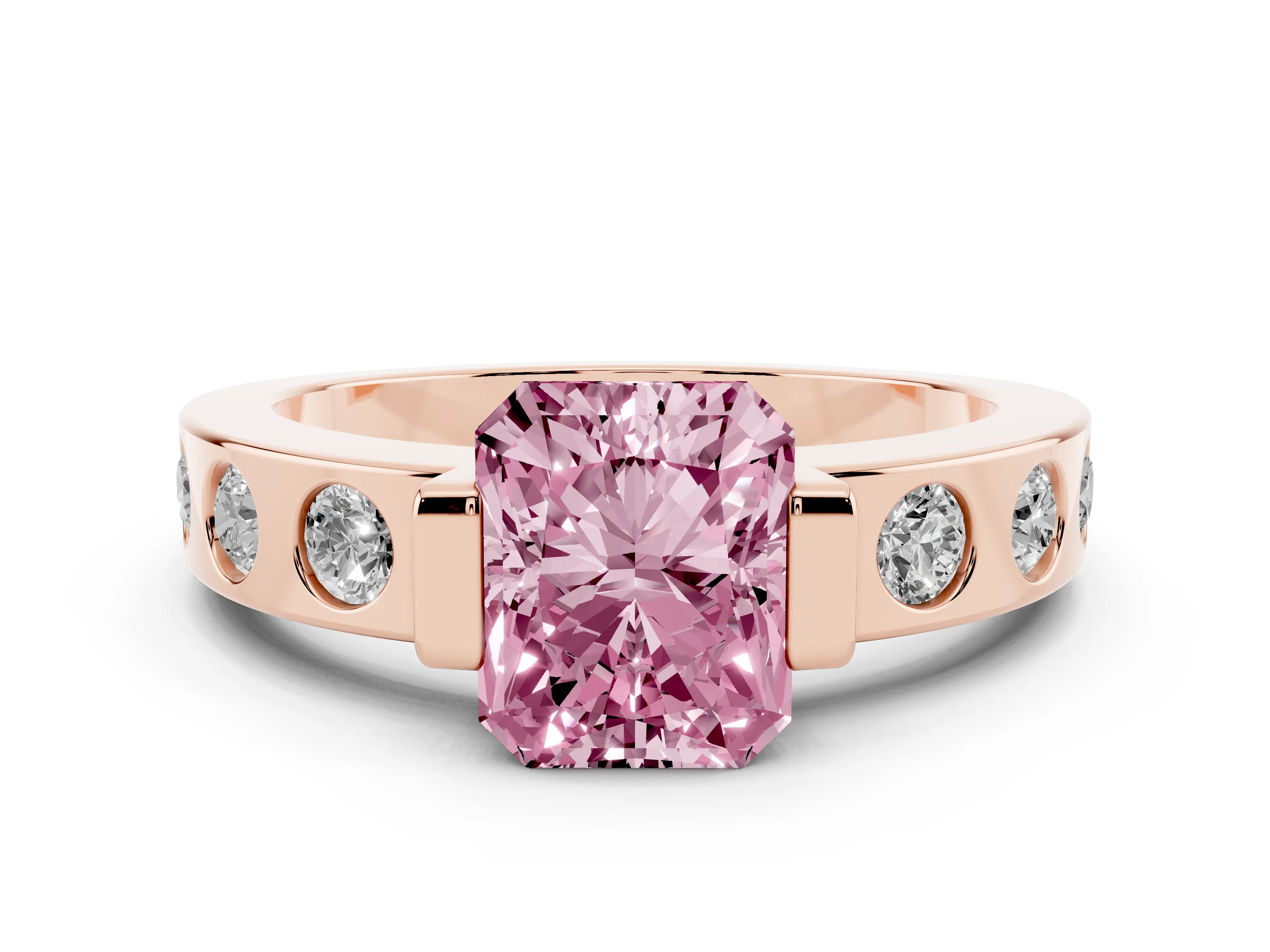 Fancy Pink Radiant Cut Diamond Channel-Set Band Ring Set in Rose gold with Bezel Prong Setting