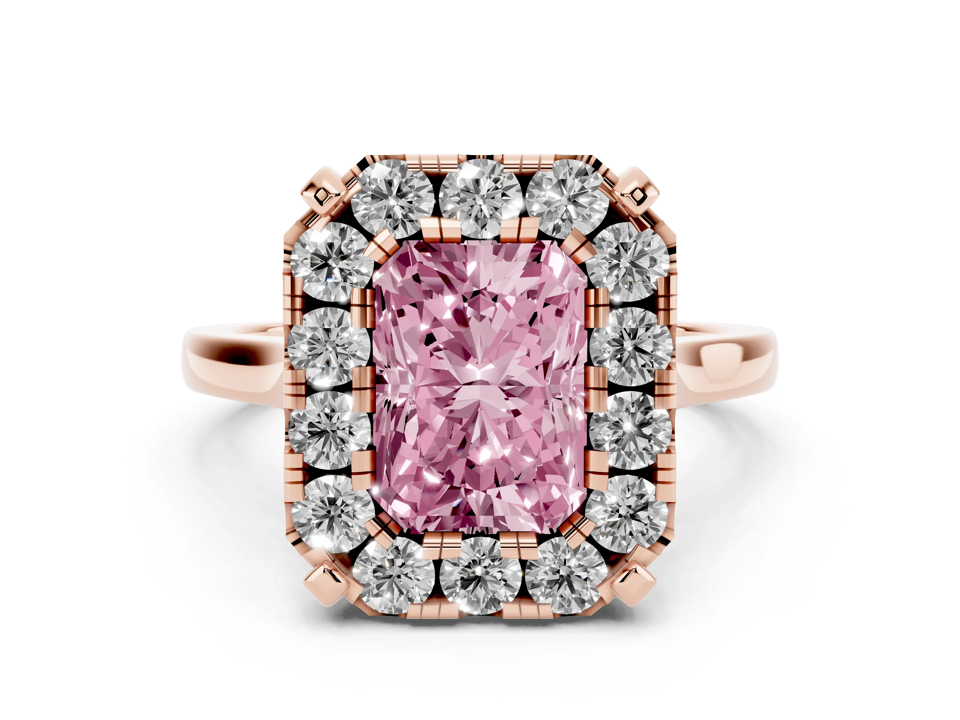 Fancy Pink Radiant Cut Diamond Cluster Halo Solitaire Ring Set in Rose gold with Prong Setting