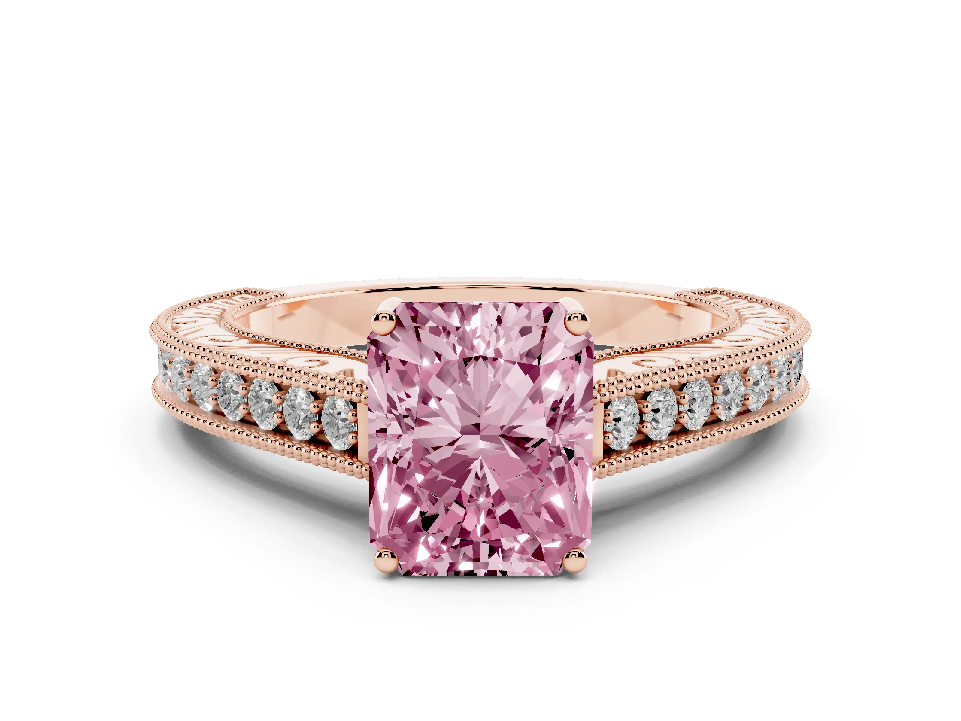Fancy Pink Radiant Cut Diamond Milgrain Pavé Band Solitaire Ring Set in Rose gold with Prong Setting