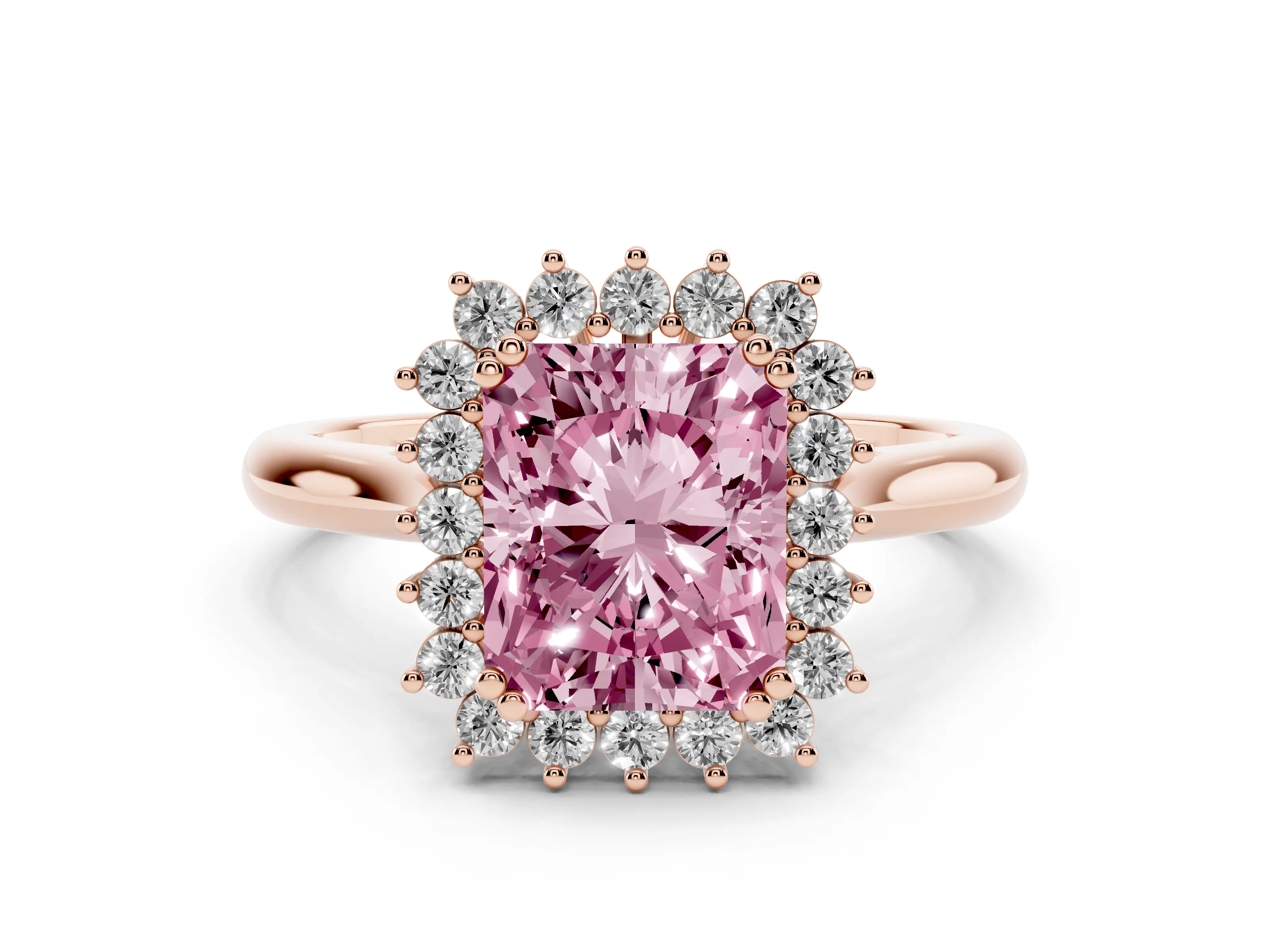 Fancy Pink Radiant Cut Diamond Halo Ring Set in Rose gold with Plain Solitaire Band and Prong Setting