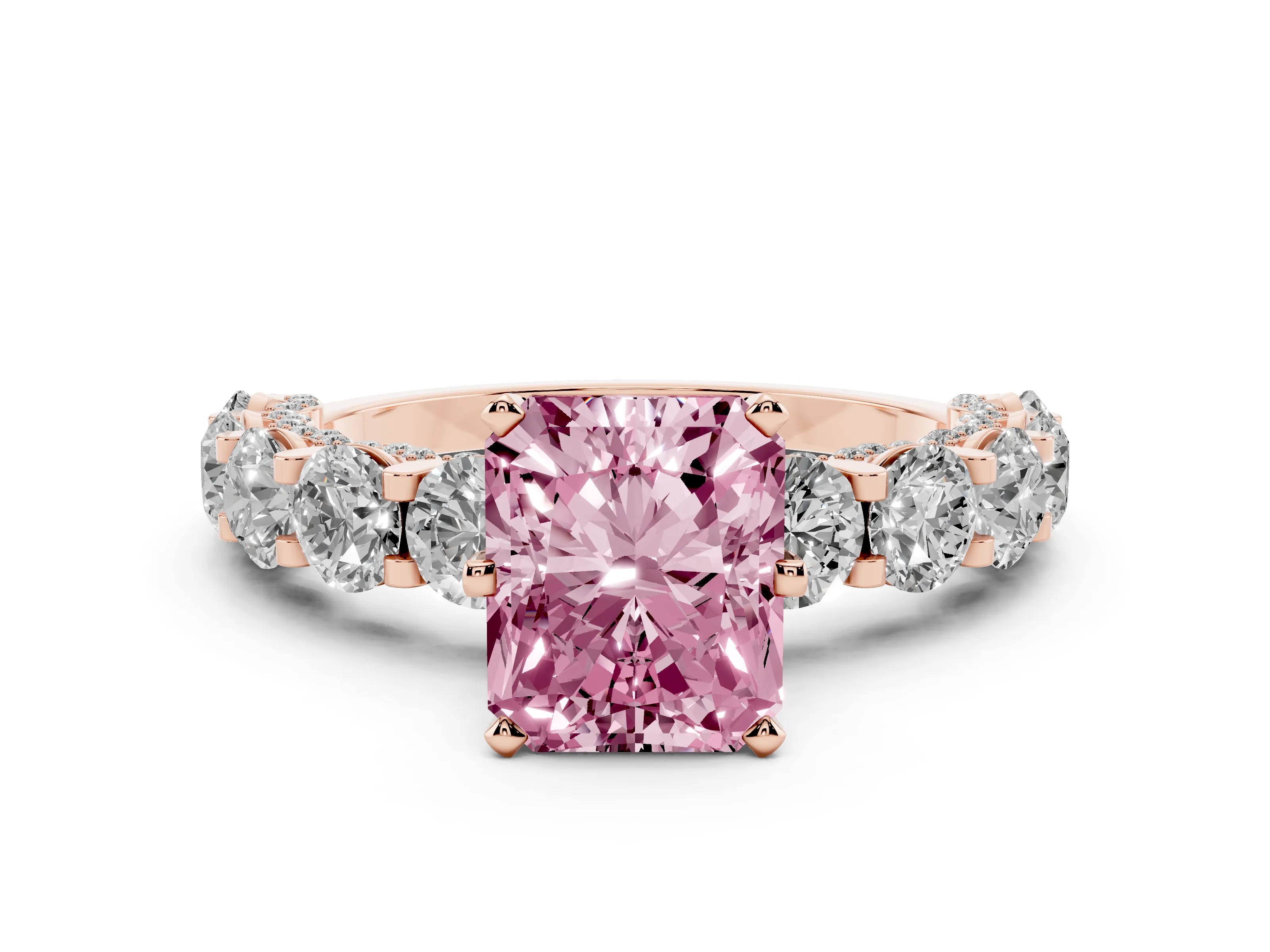 Fancy Pink Radiant Cut Diamond Side Stone Ring Set in Rose gold with Alternating Round and Oval Side Stones