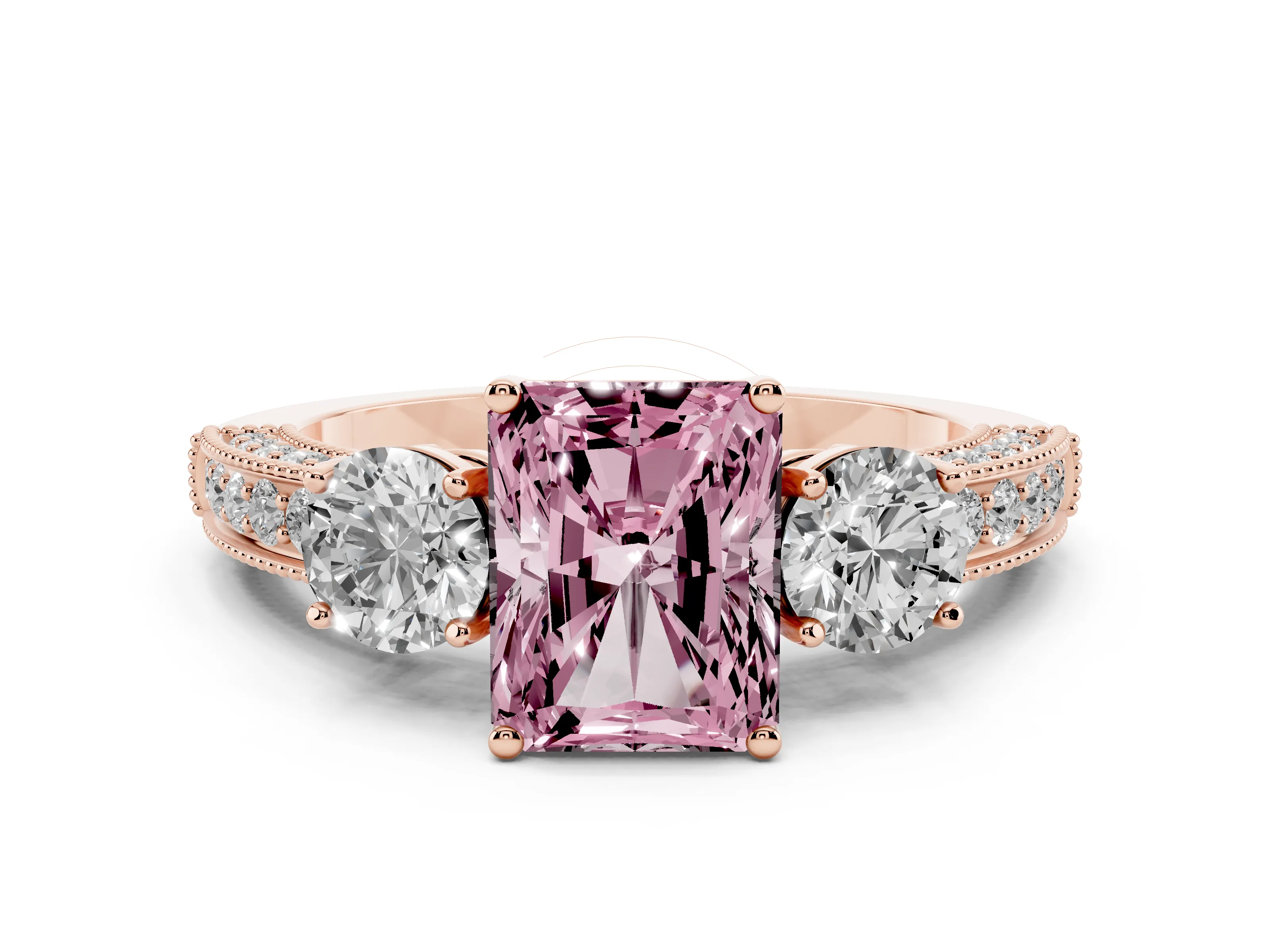 Fancy Pink Radiant Cut Diamond Three-Stone Ring Set in Rose gold with Round Side Stones and Pavé Band