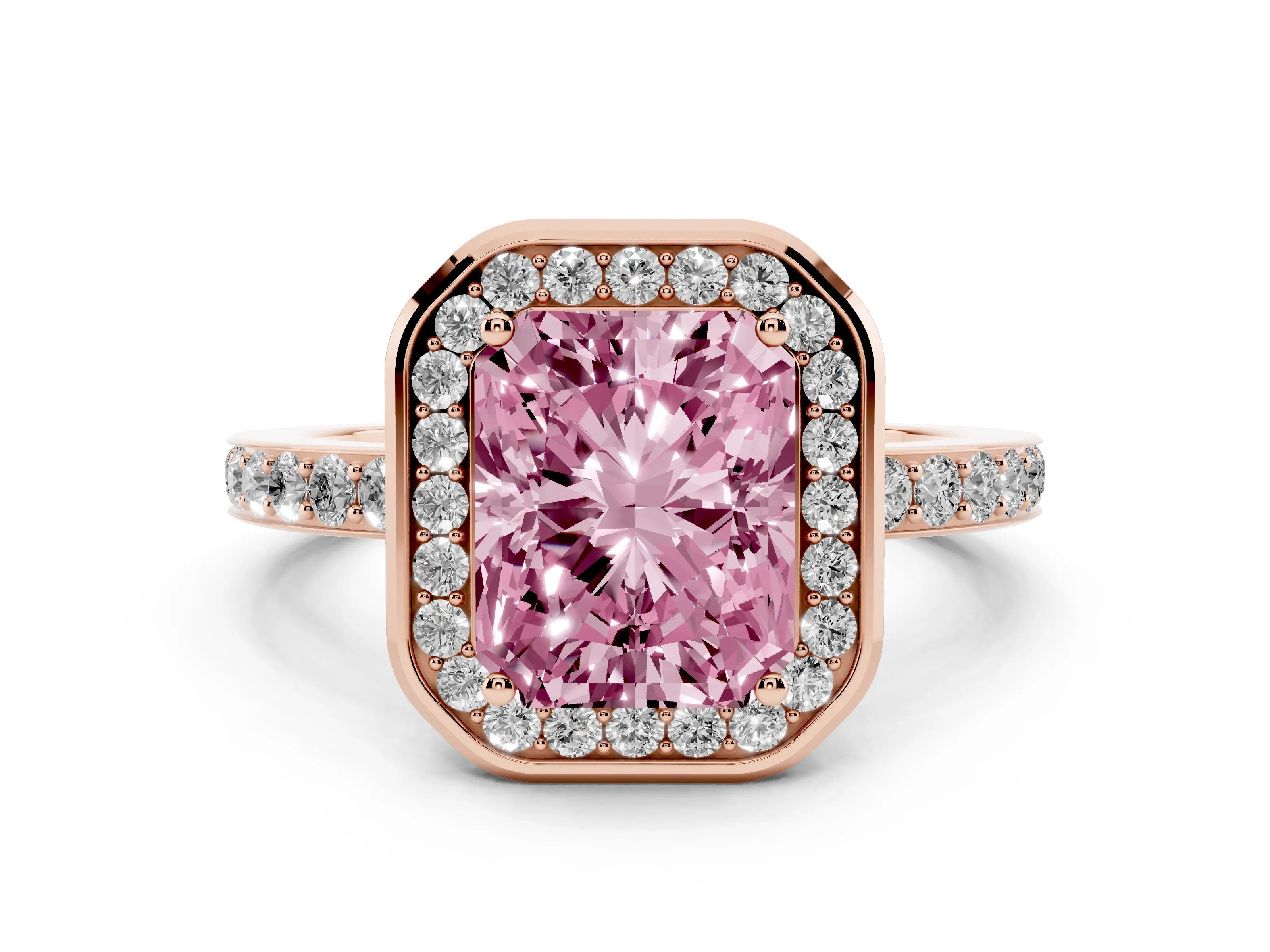 Fancy Pink Radiant Cut Diamond Halo Ring Set in Rose gold with Bezel Frame and Pavé Band