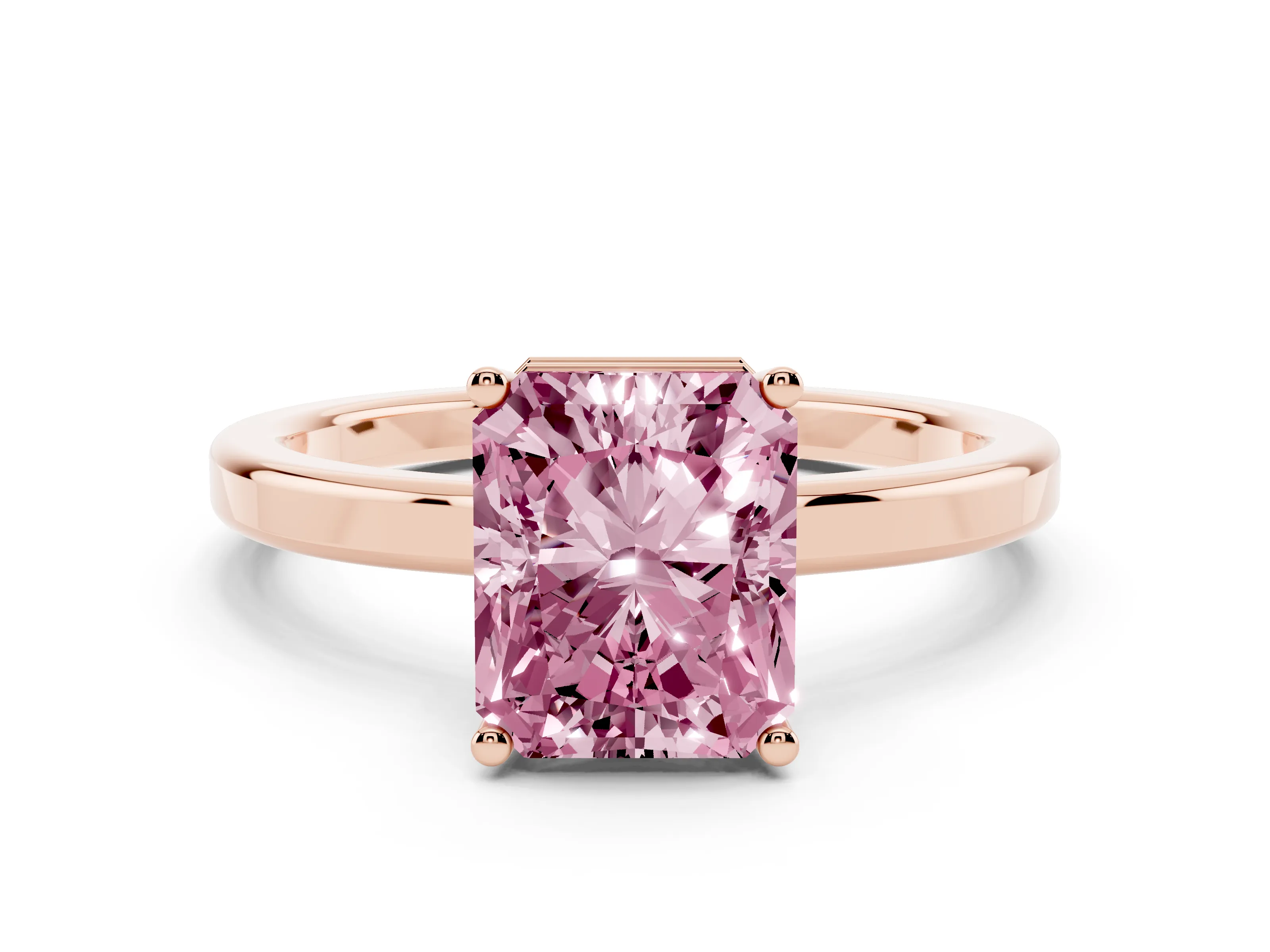 Fancy Pink Radiant Cut Diamond Solitaire Engagement Ring Set in Rose gold with Prong Setting on a Plain Band