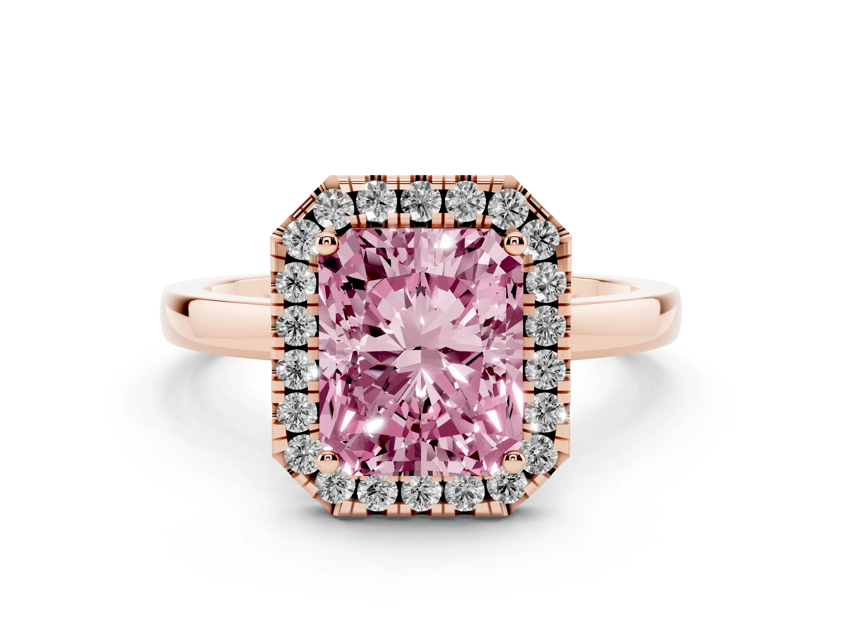 Fancy Pink Radiant Cut Diamond Halo Solitaire Ring Set in Rose gold with Pavé Band and Prong Setting