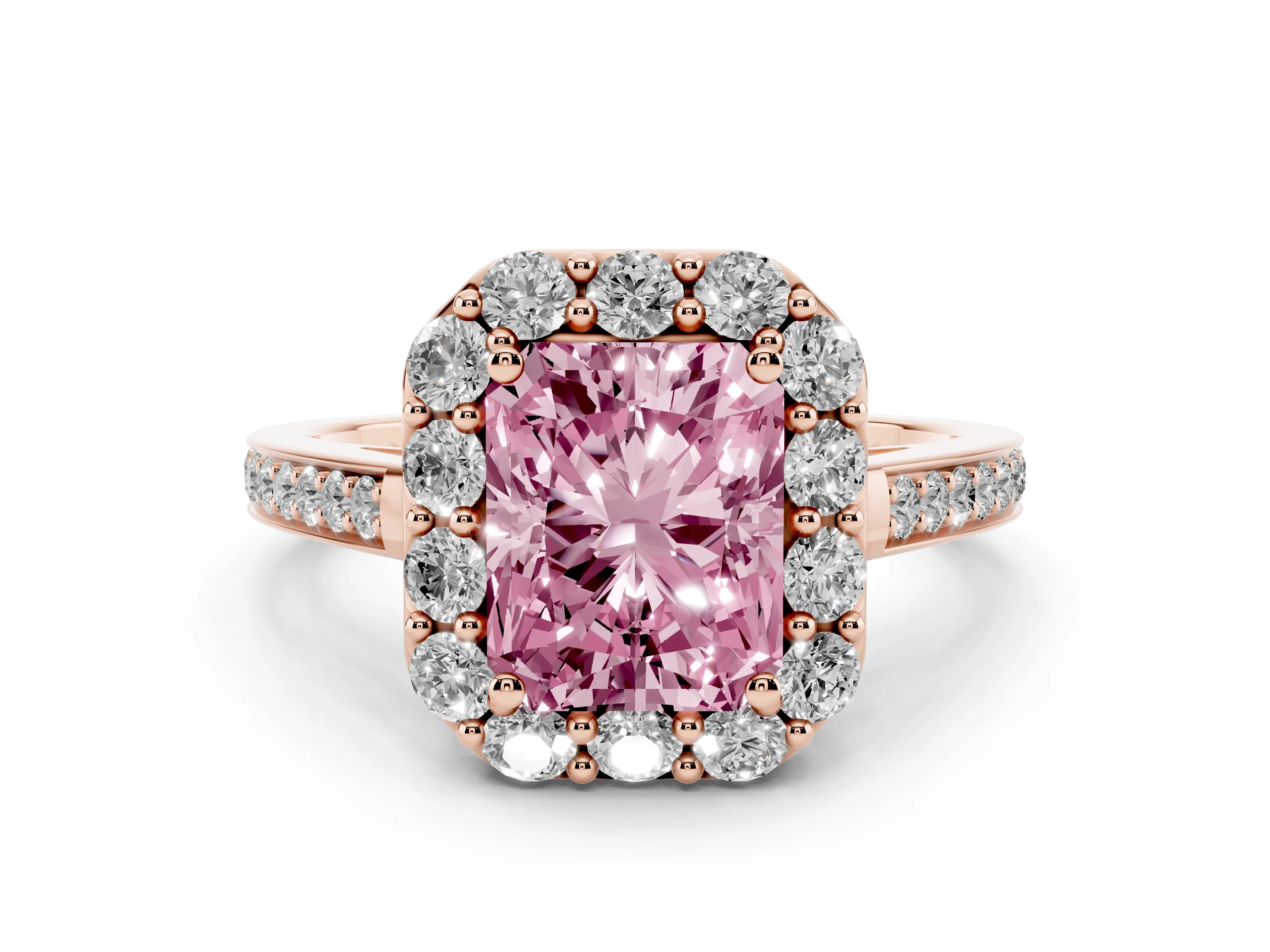 Fancy Pink Radiant Cut Diamond Floral Halo Ring Set in Rose gold with Pavé Band and Prong Setting