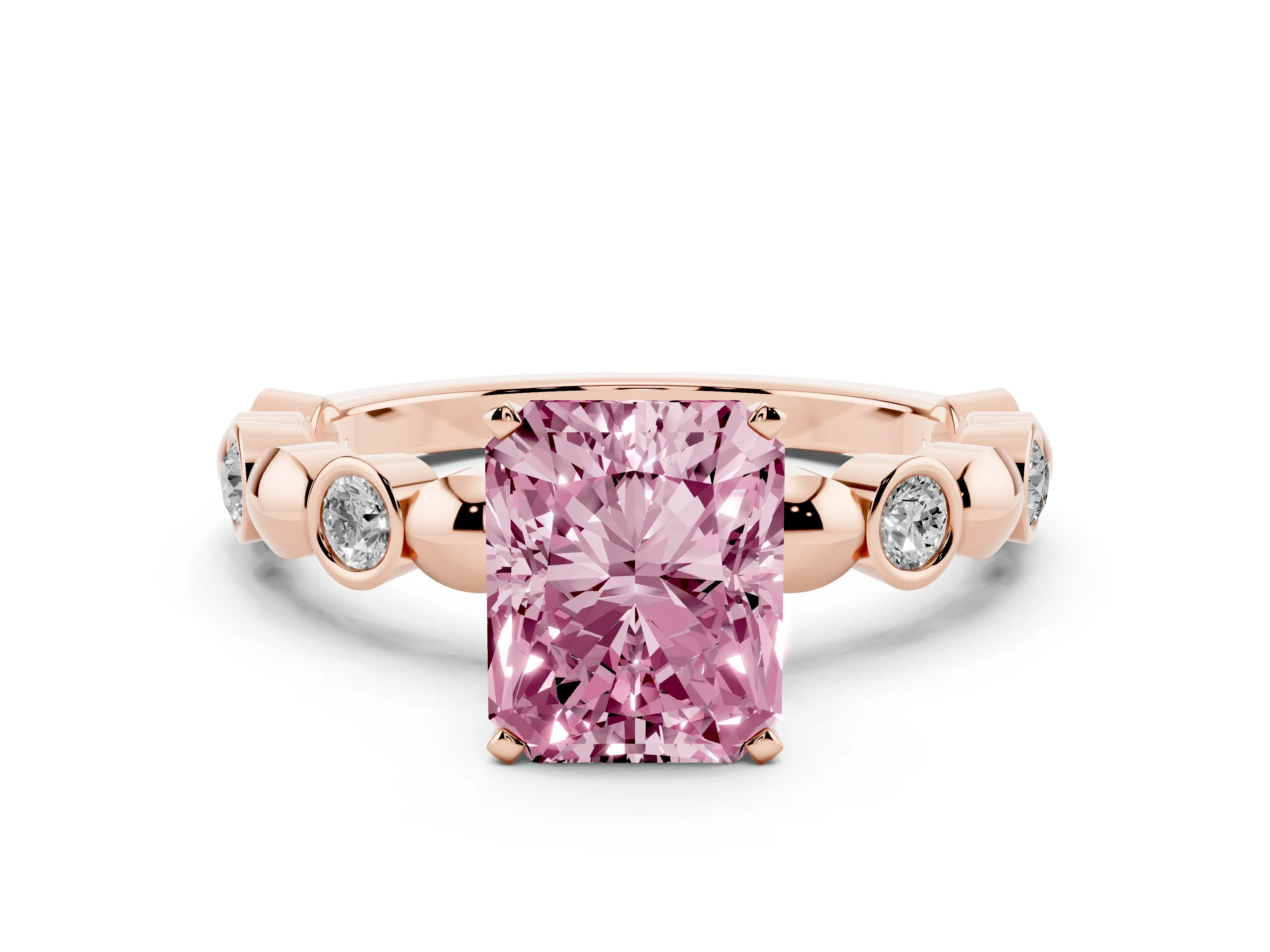 Fancy Pink Radiant Cut Diamond Solitaire Ring Set in Rose gold with Bezel-Set Accents on Beaded Band and Prong Setting