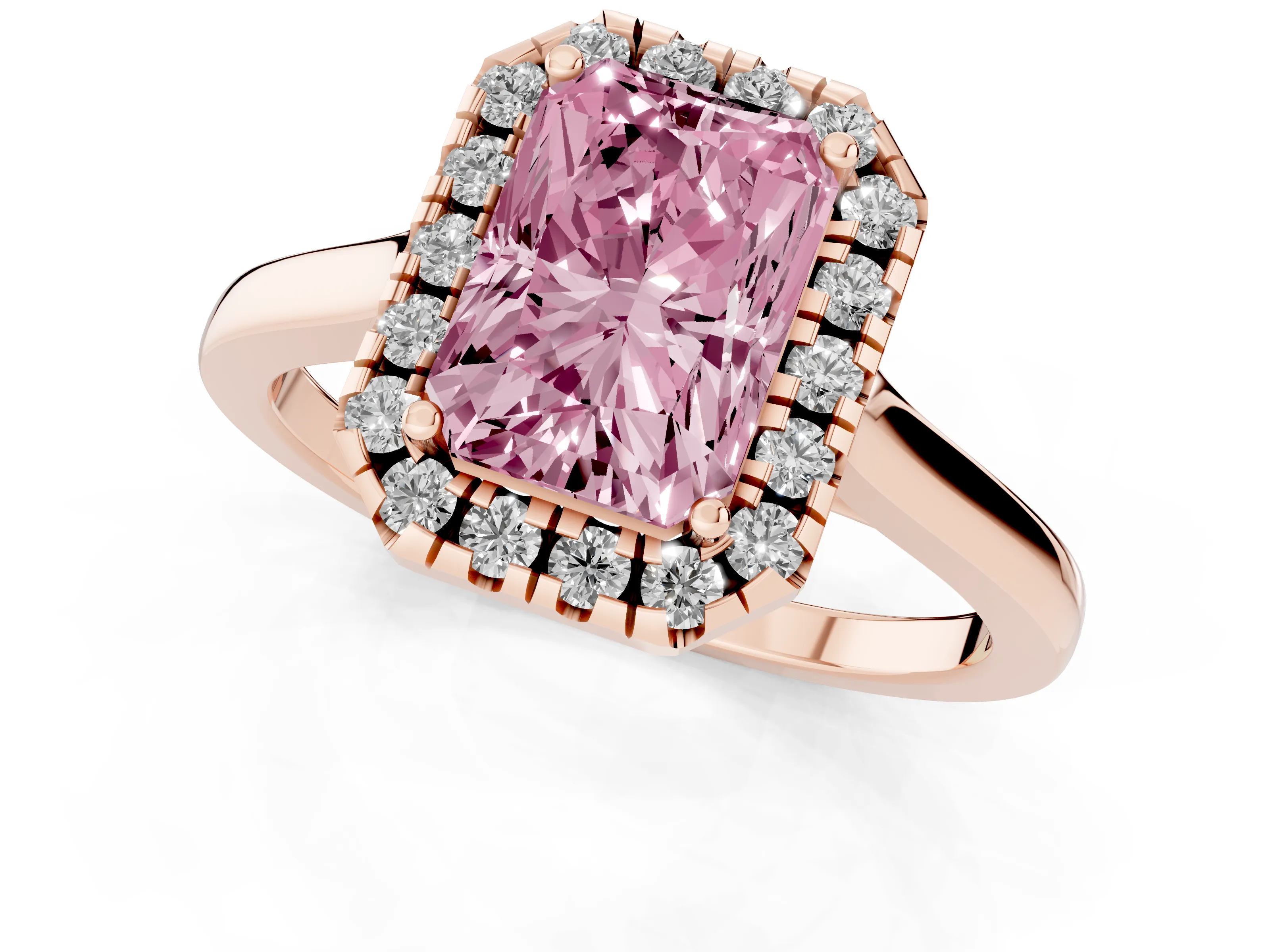 Fancy Pink Radiant Cut Halo Round Diamond Solitaire Ring Set in Rose gold with Pavé Band and Prong Setting