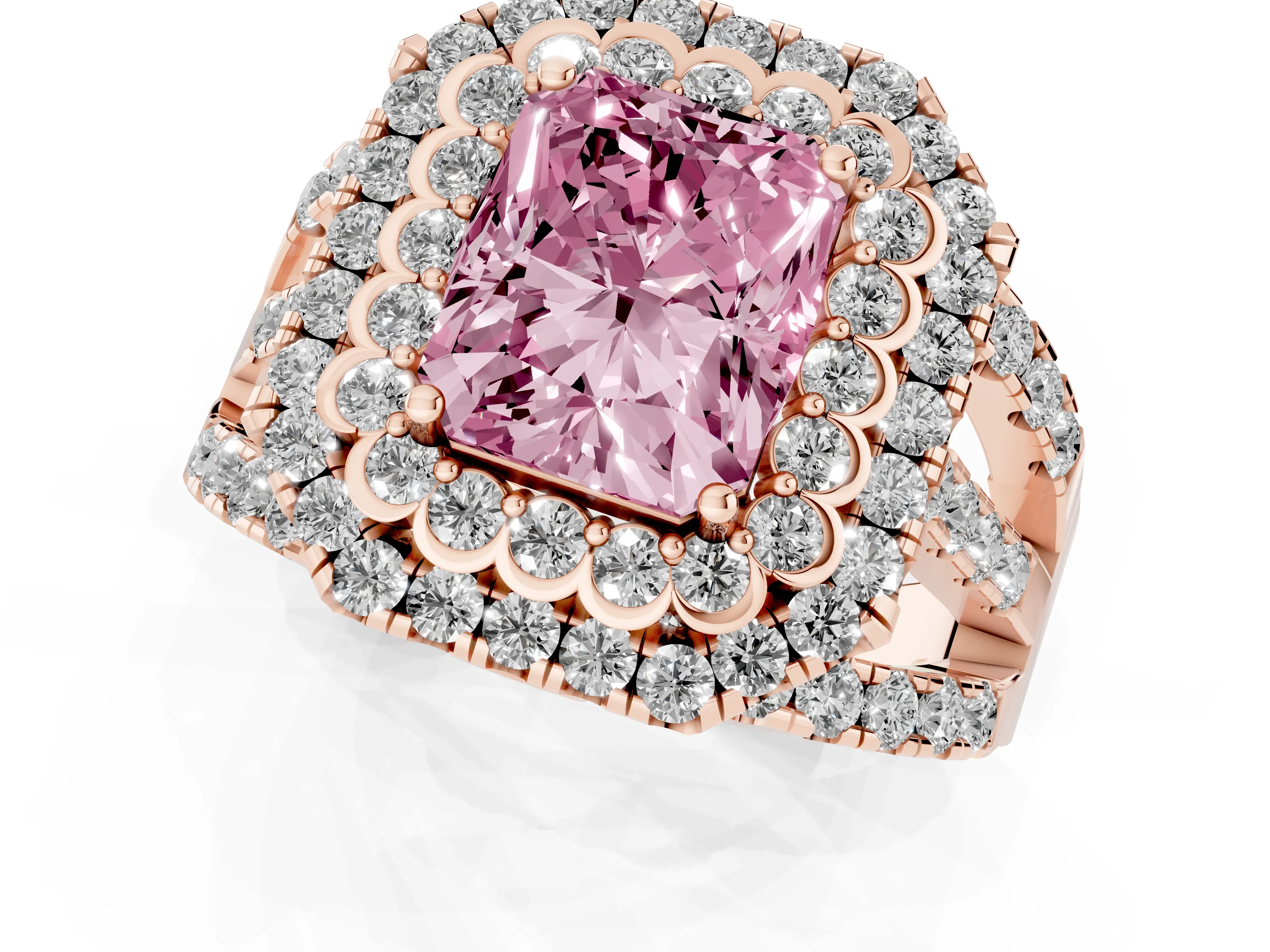 Fancy Pink Radiant Cut Diamond Double Halo Ring Set in Rose gold with Round Pavé Split Shank