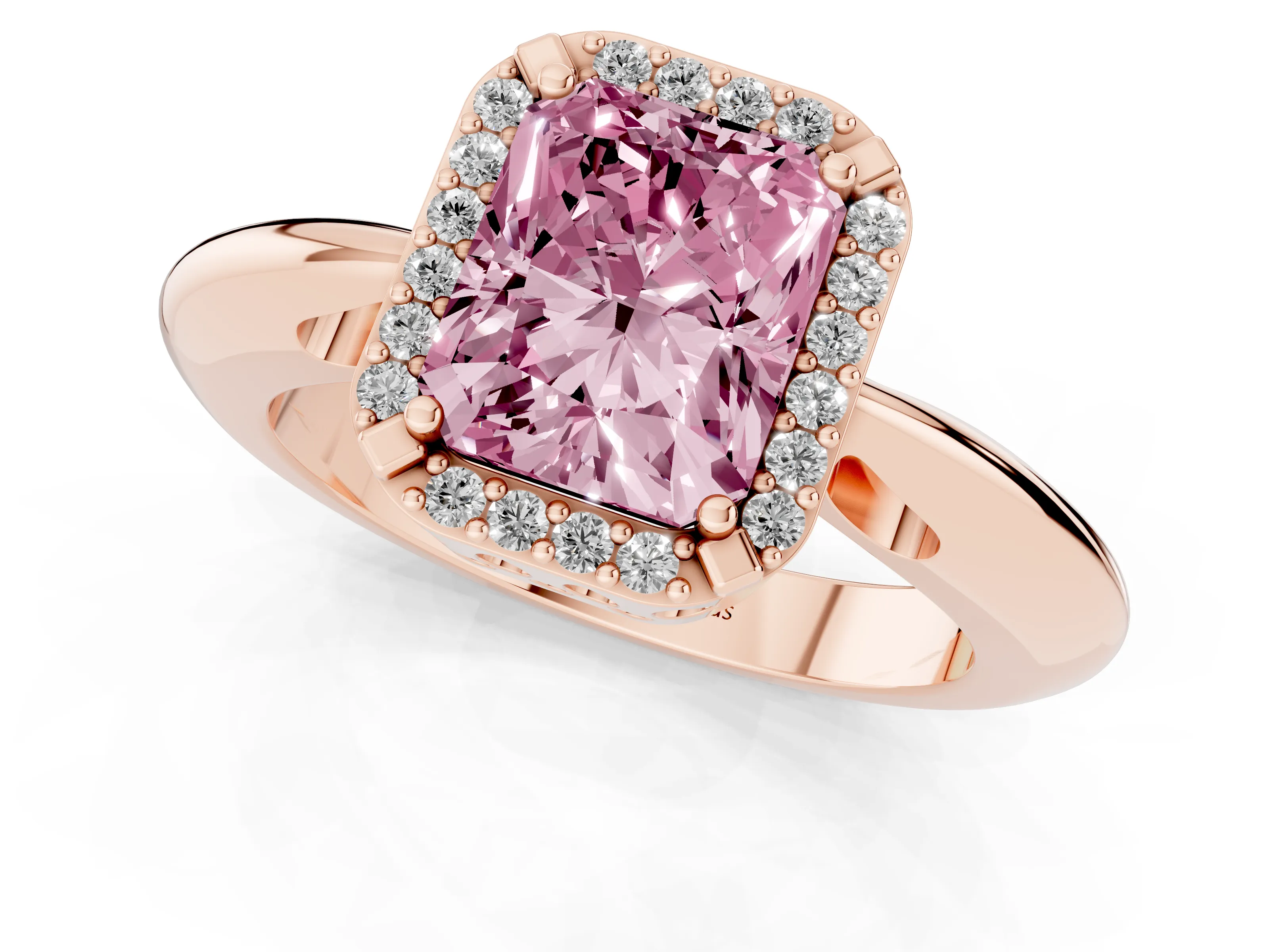 Fancy Pink Radiant Cut Diamond Halo Engagement Ring Set in Rose gold with Plain Split Shank and Prong Setting