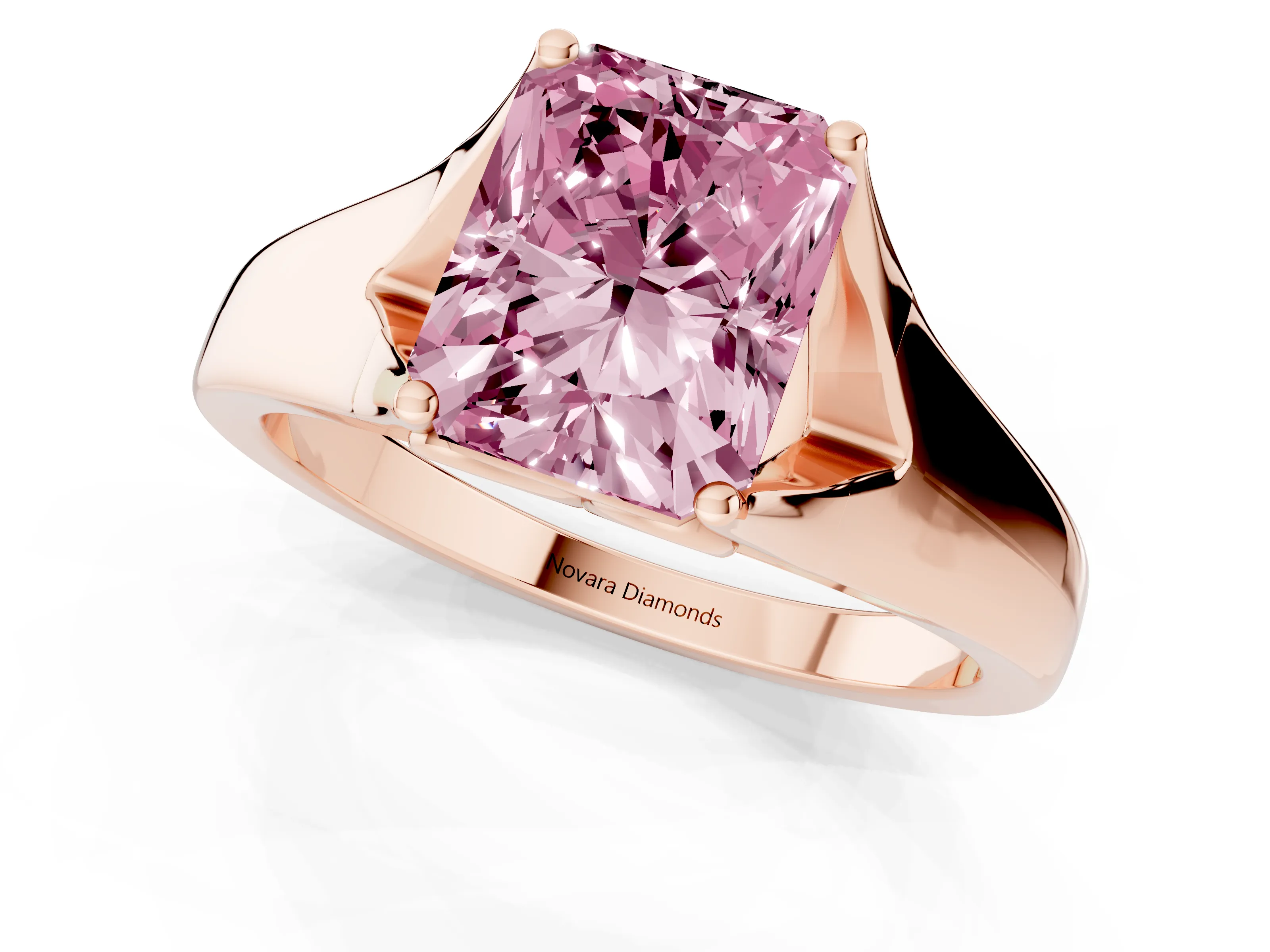 Fancy Pink Radiant Cut Diamond Solitaire Ring Set in Rose gold with Arched Cathedral Band and Prong Setting