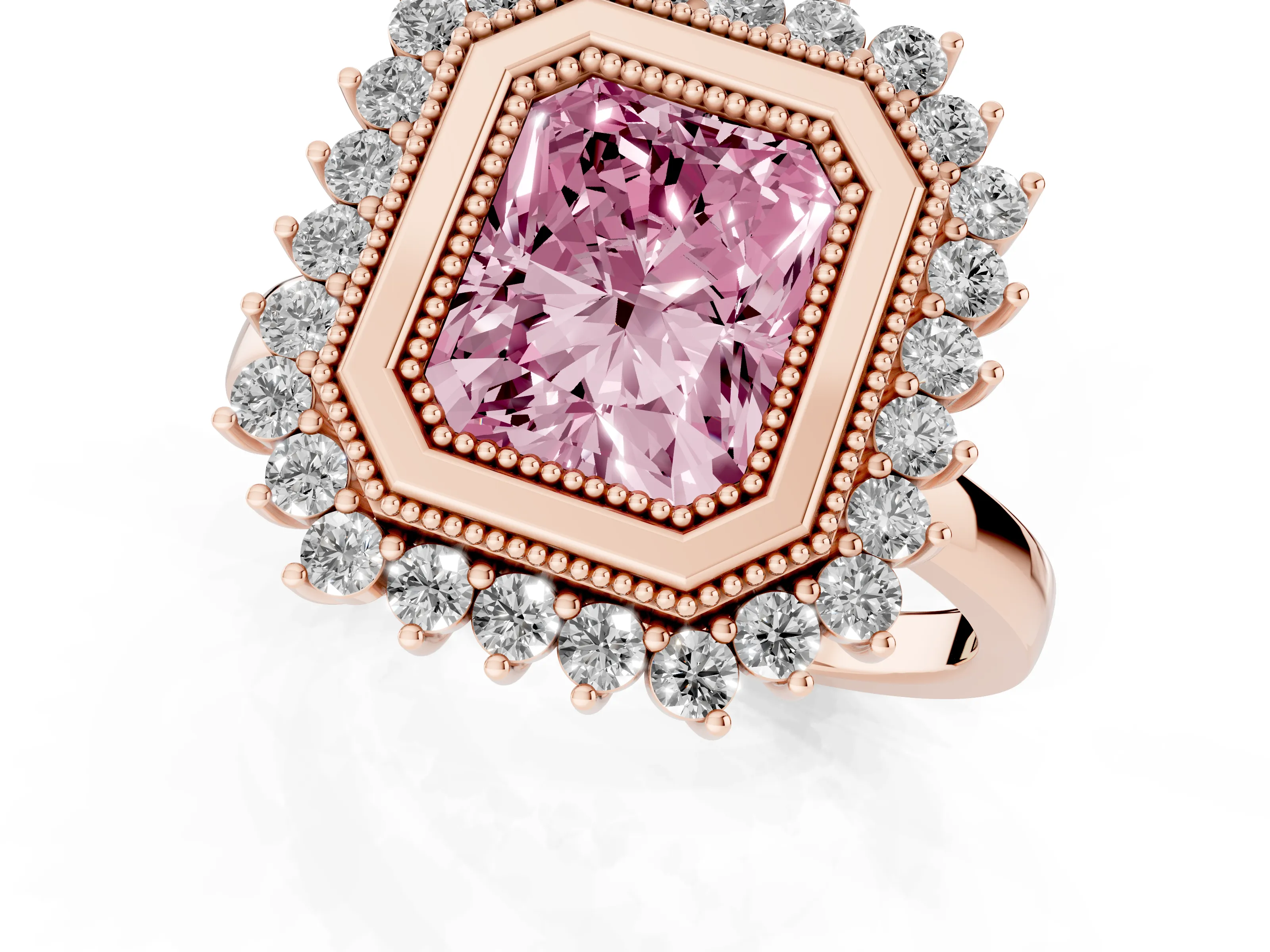 Fancy Pink Radiant Cut Diamond Halo Ring Set in Rose gold with Milgrain Edge and Round Prong Setting