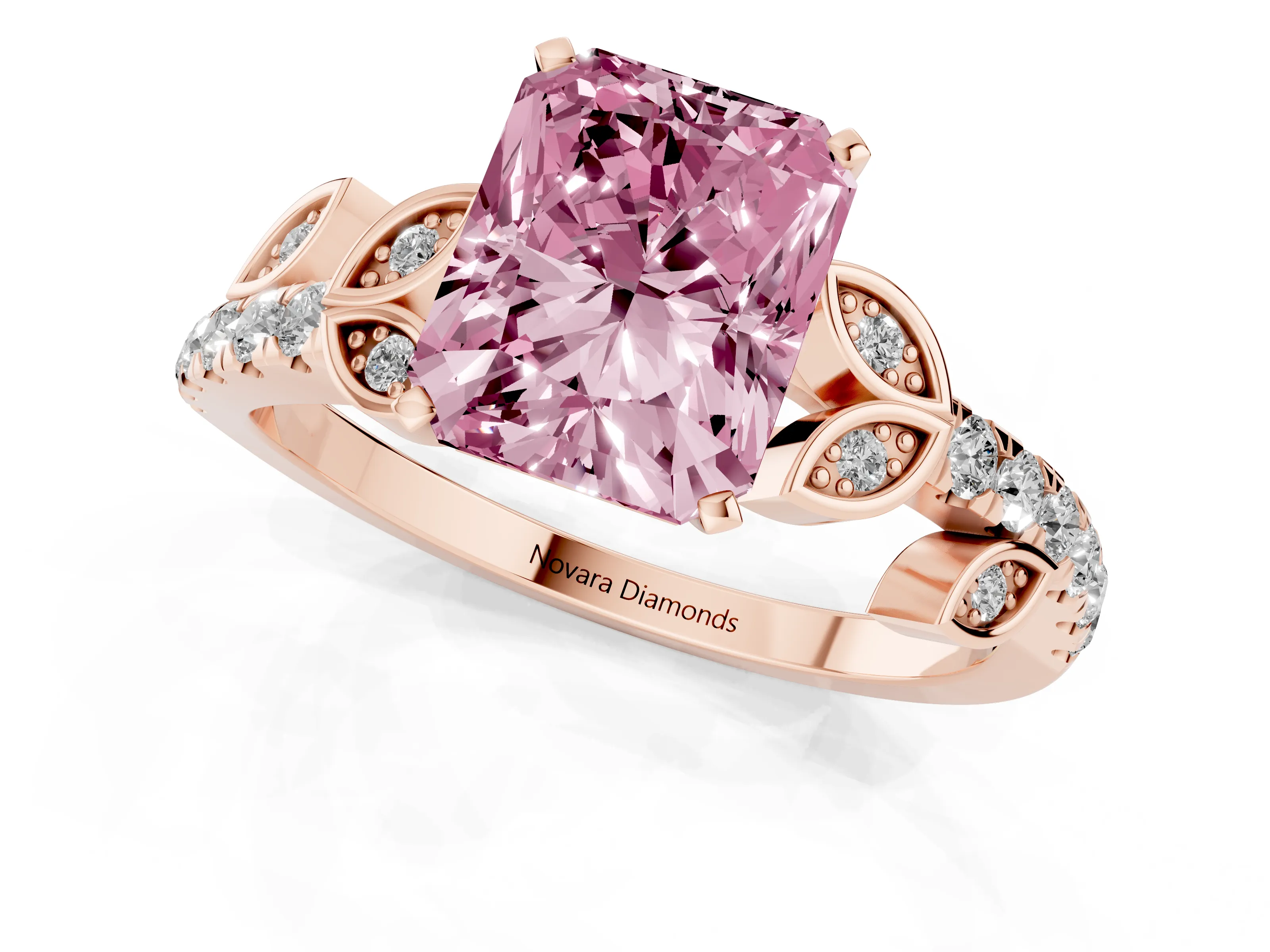 Fancy Pink Radiant Cut Diamond Solitaire Leaf-Inspired Ring Set in Rose gold with Pavé Band and Prong Setting