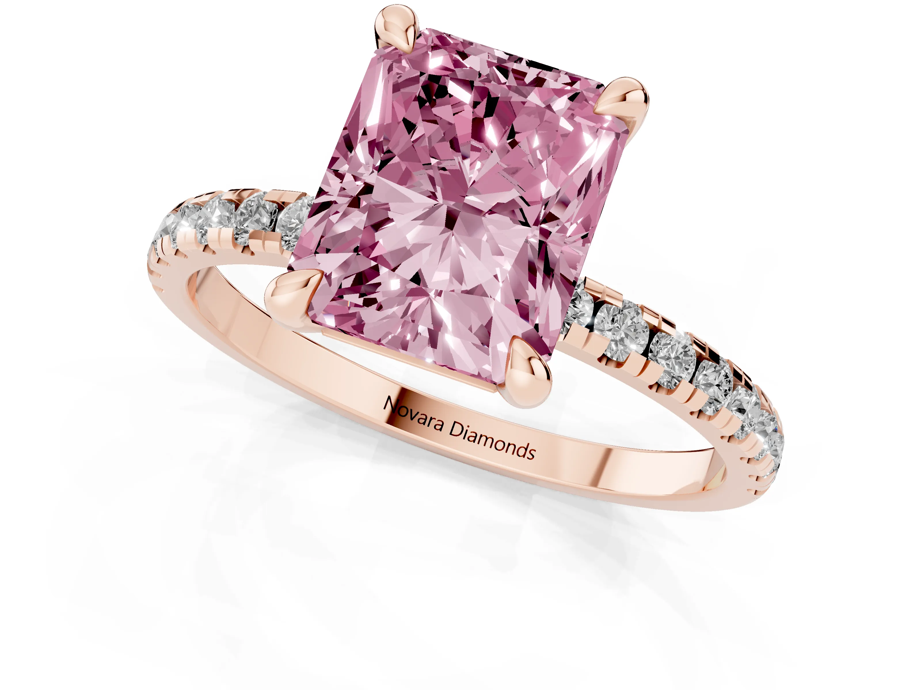 Fancy Pink Radiant Cut Diamond Brilliant Solitaire Ring Set in Rose gold with Pavé Band and Prong Setting