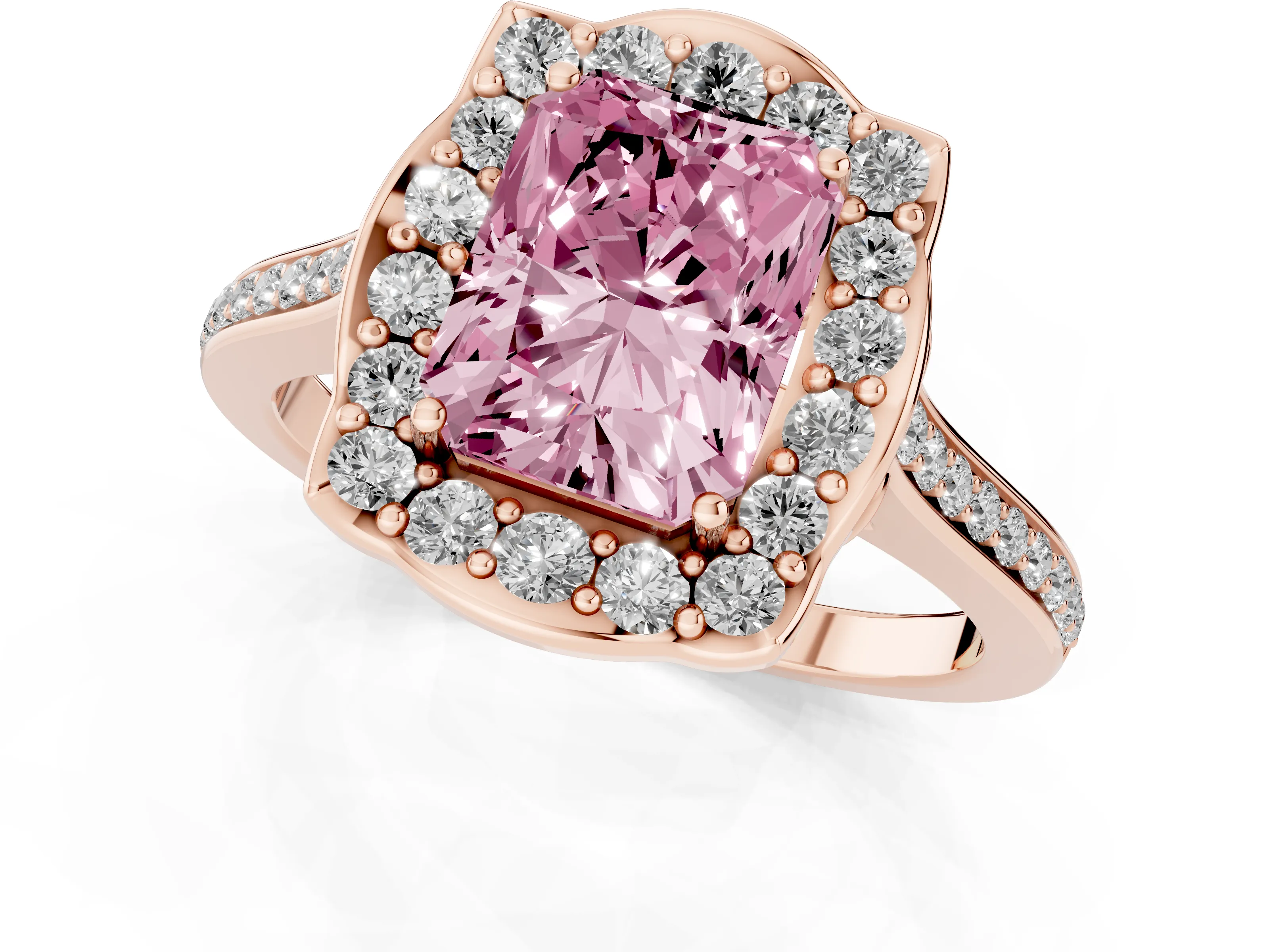 Fancy Pink Radiant Cut Diamond Halo Ring Set in Rose gold with Pavé-Lined Shoulders and Prong Setting