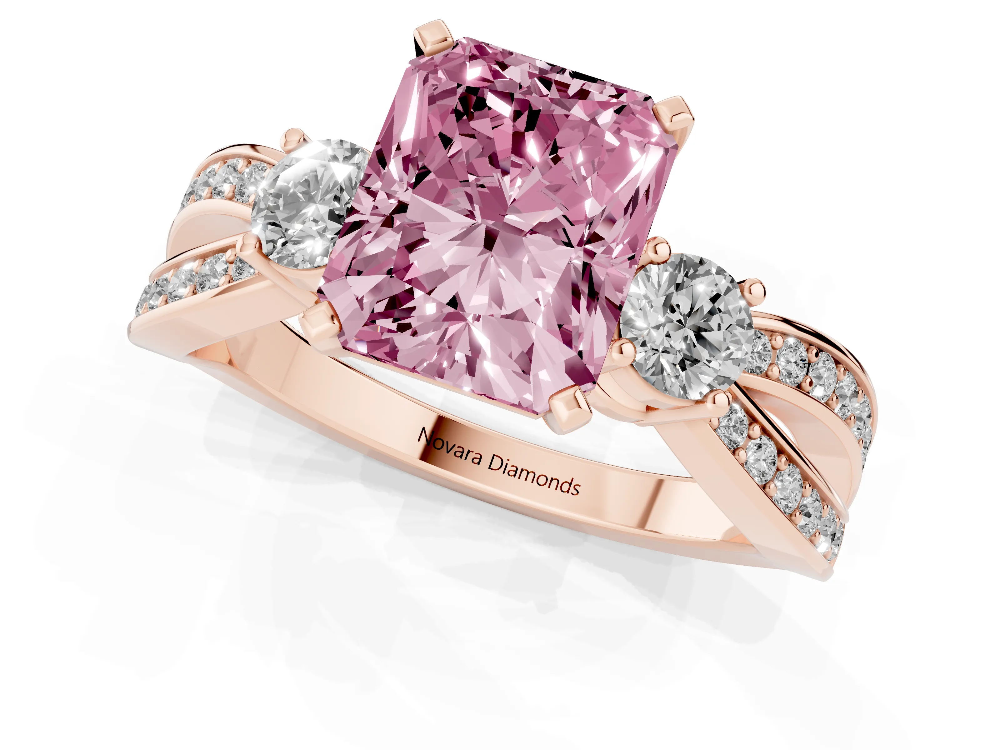Fancy Pink Three-Stone Radiant Cut Diamond Twist Band Ring Set in Rose gold with Pavé Accents and Prong Setting