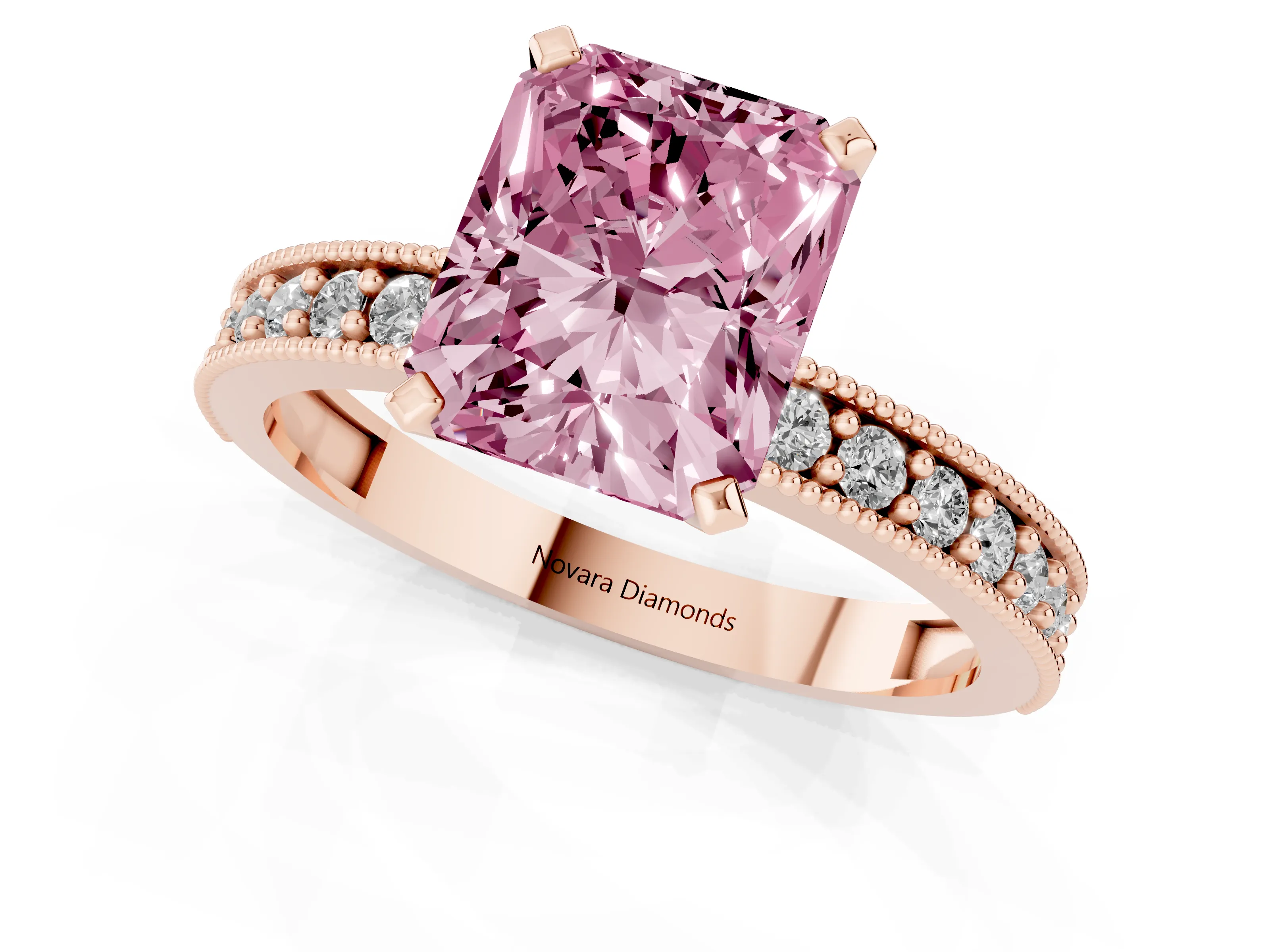 Fancy Pink Radiant Cut Diamond Milgrain Pavé Engagement Ring Set in Rose gold with Prong Setting