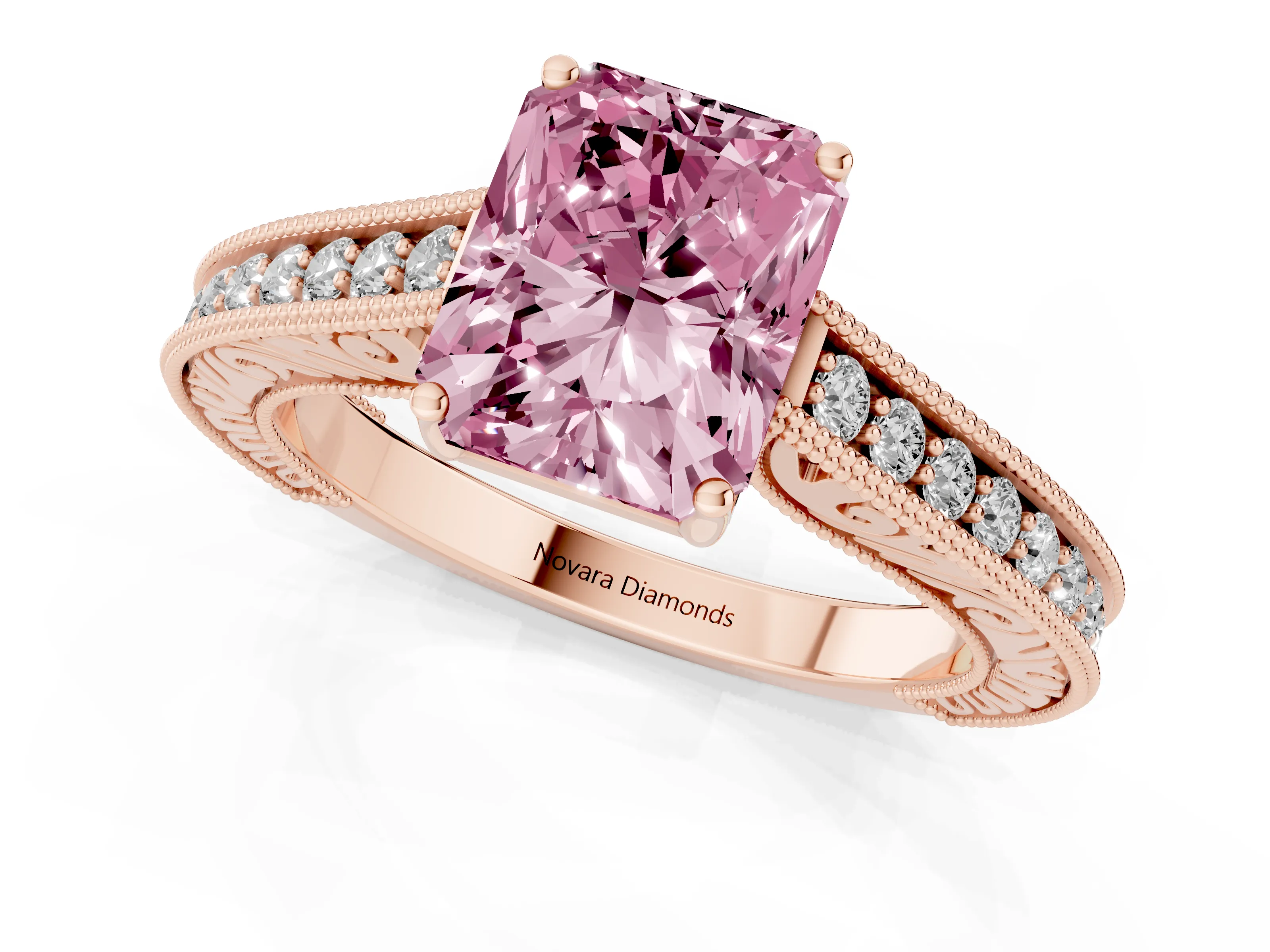 Fancy Pink Radiant Cut Diamond Milgrain Pavé Band Solitaire Ring Set in Rose gold with Prong Setting