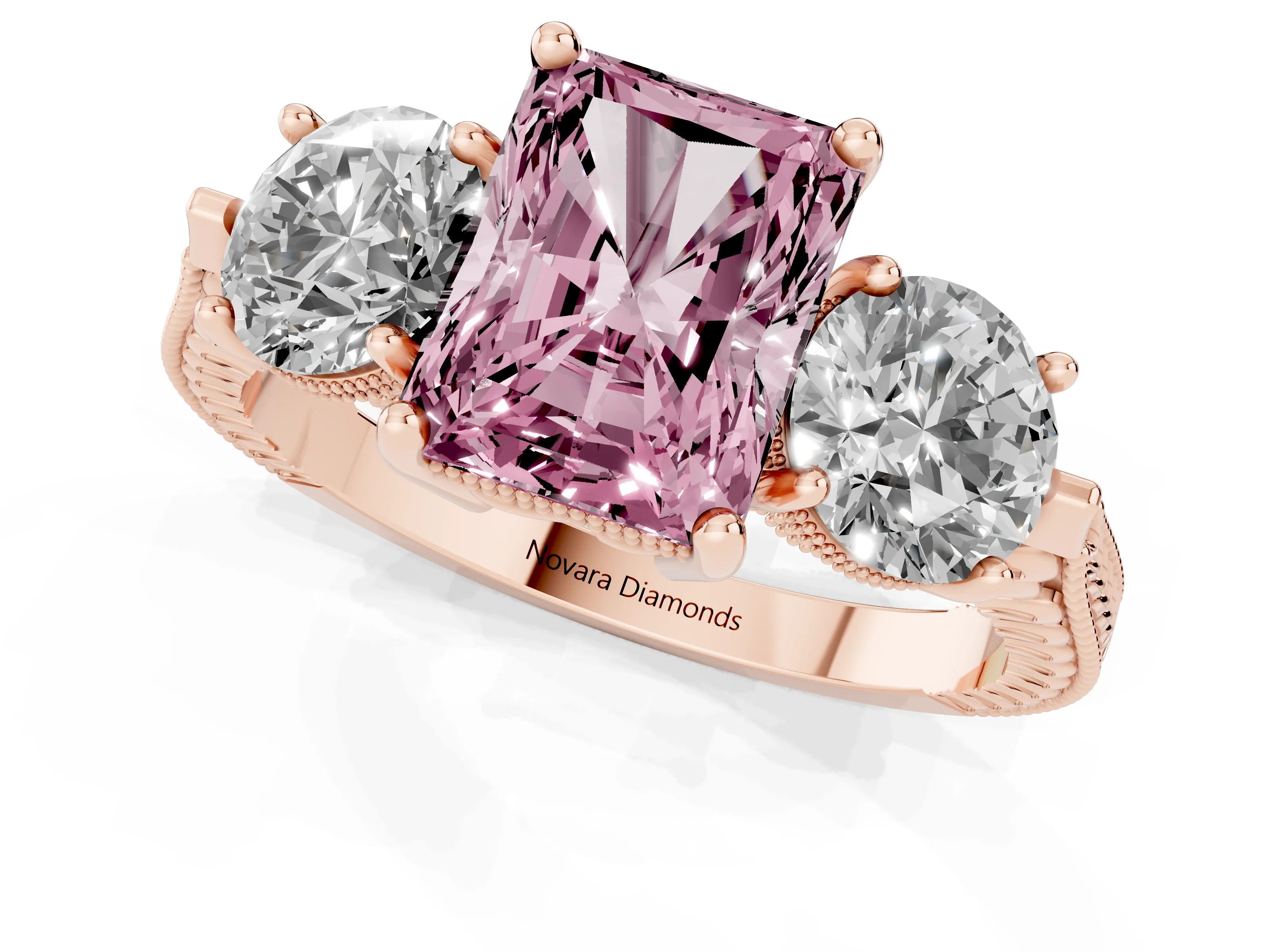 Fancy Pink Radiant Cut Diamond Three-Stone Ring Set in Rose gold with Milgrain Band