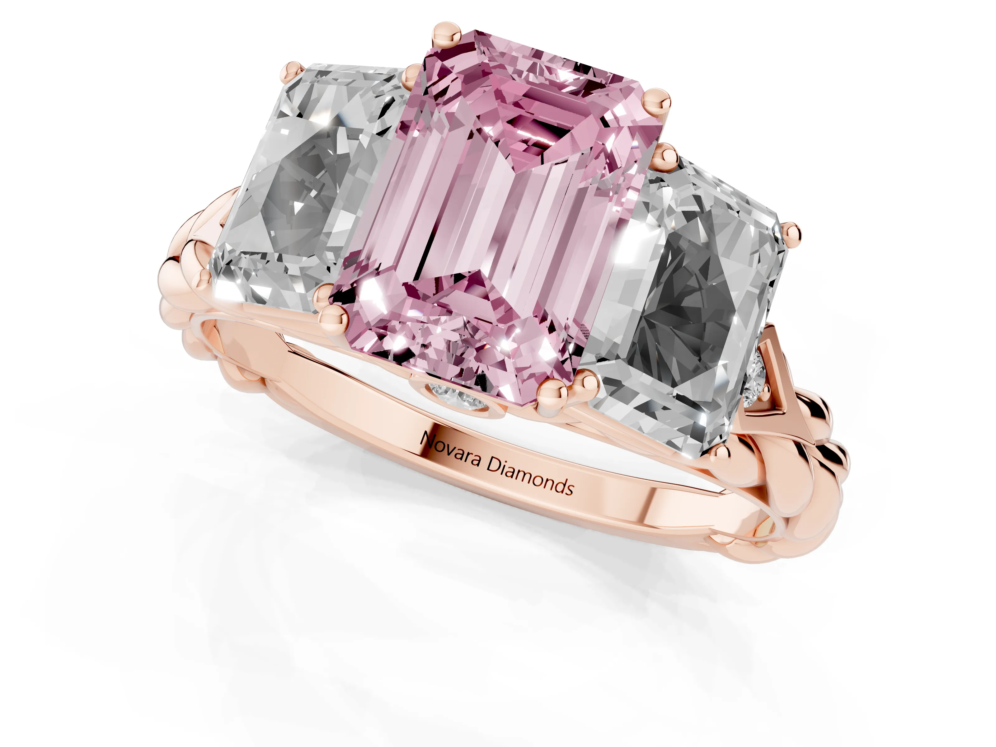 Fancy Pink Radiant Cut Diamond Three-Stone Ring Set in Rose gold with Braided Band