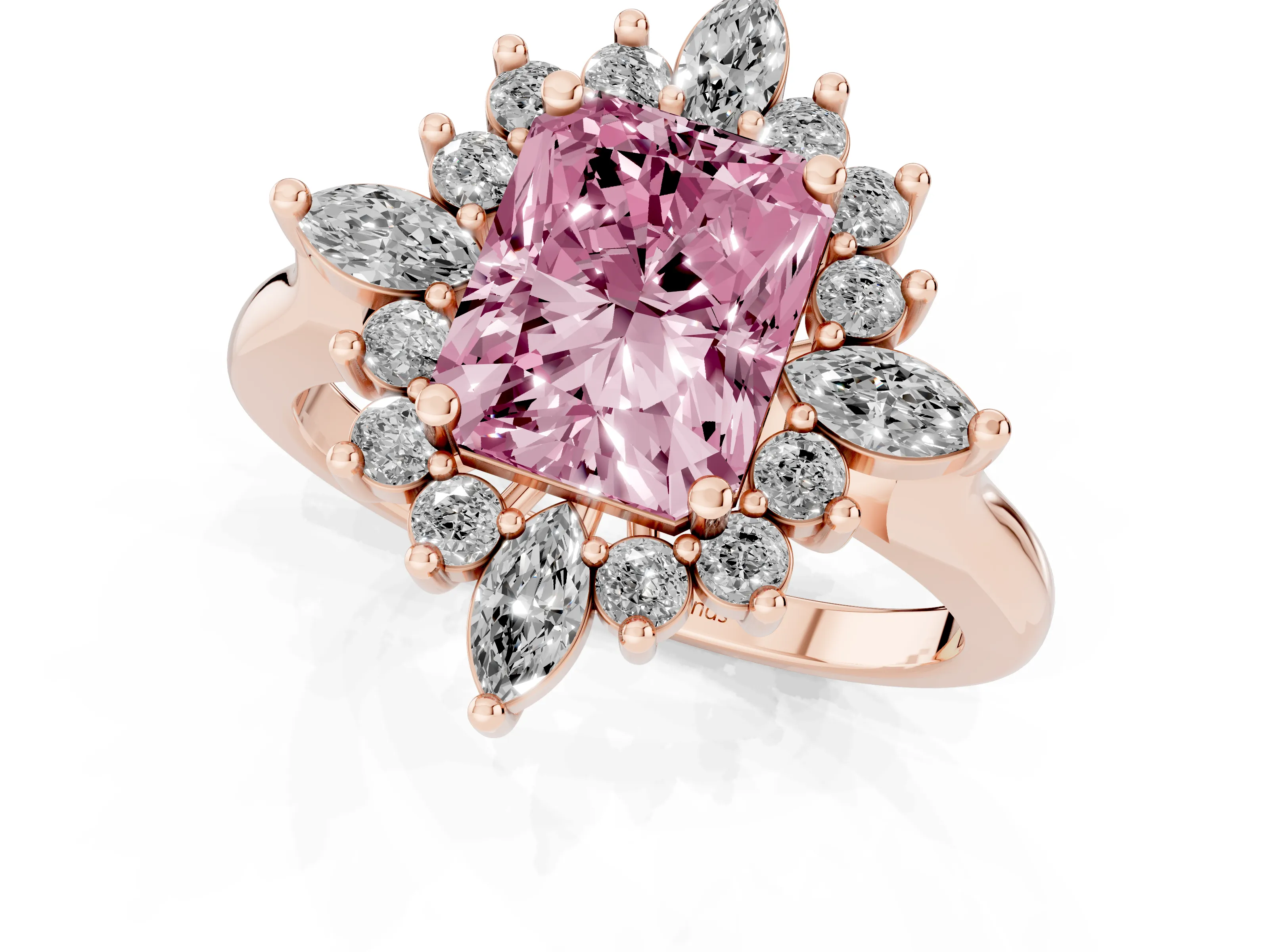 Fancy Pink Radiant Cut Diamond Cluster Halo Ring Set in Rose gold with Marquise and Round Accents