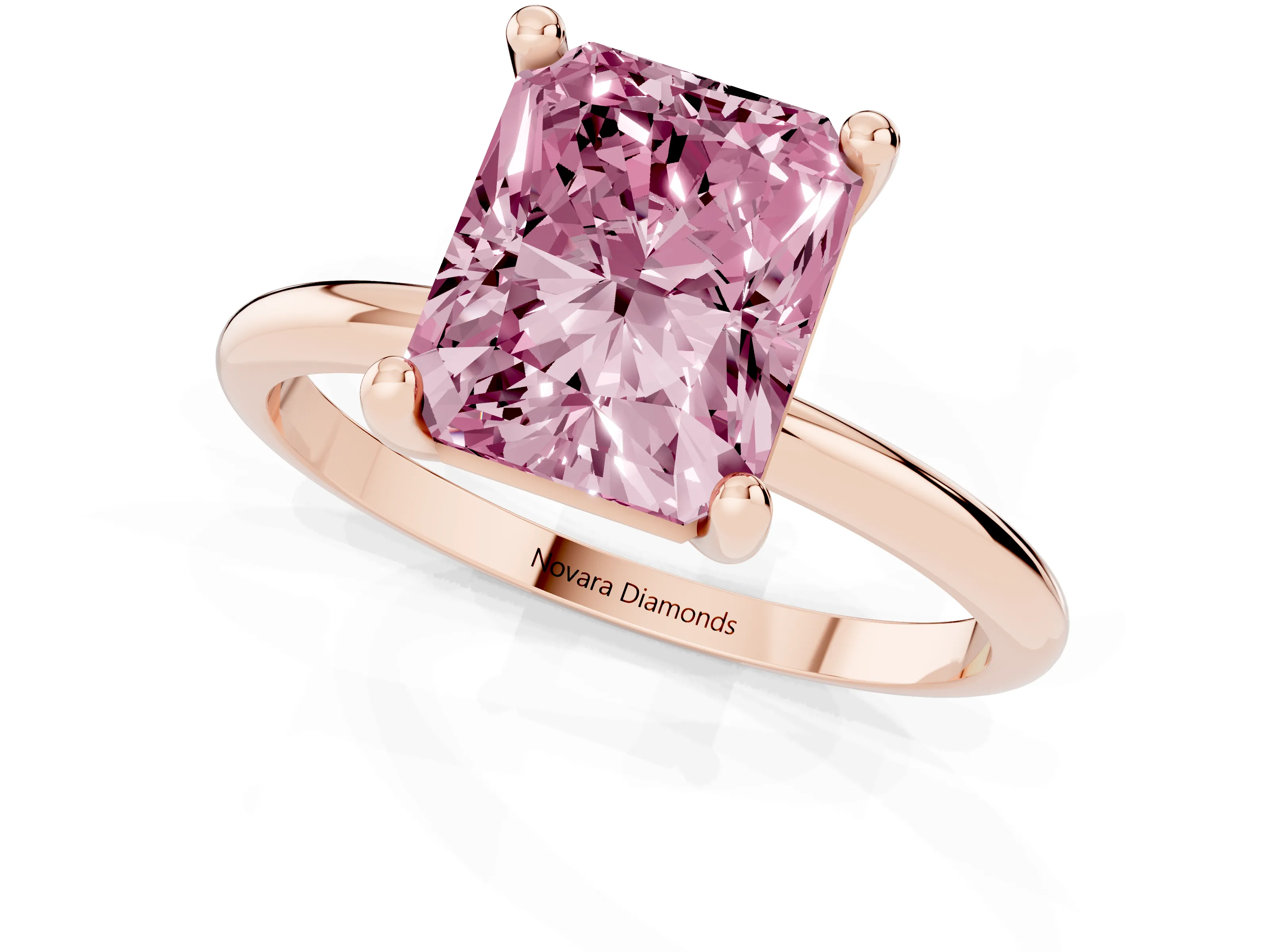 Fancy Pink Radiant Cut Diamond Solitaire Ring Set in Rose gold with Secure Prong Setting on a Classic Band