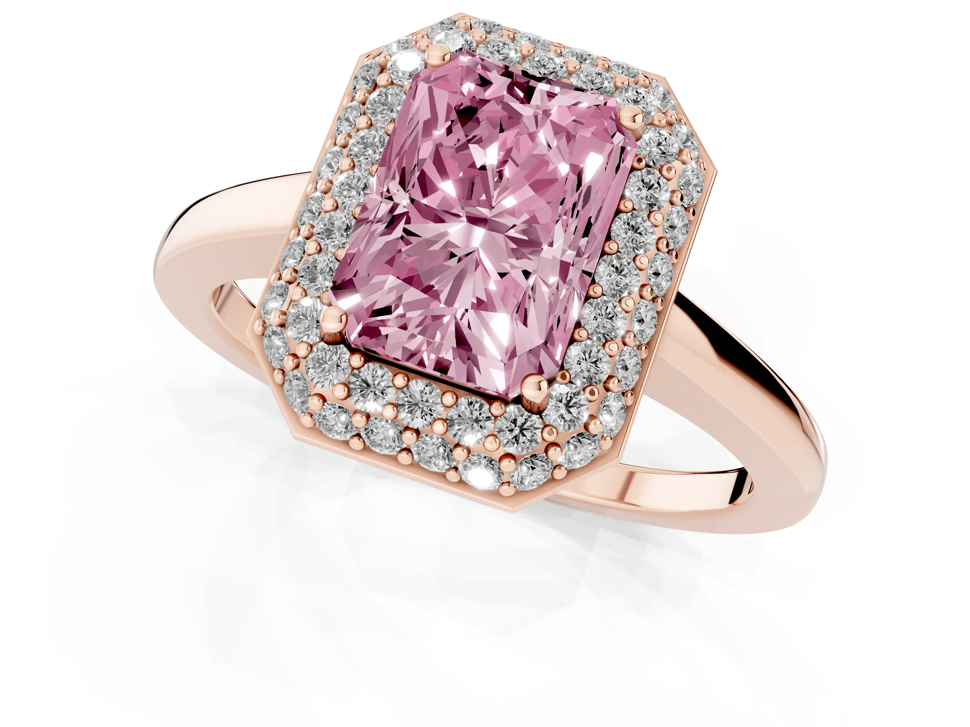 Fancy Pink Radiant Cut Diamond Halo Engagement Ring Set in Rose gold with Solitaire Band and Prong Setting