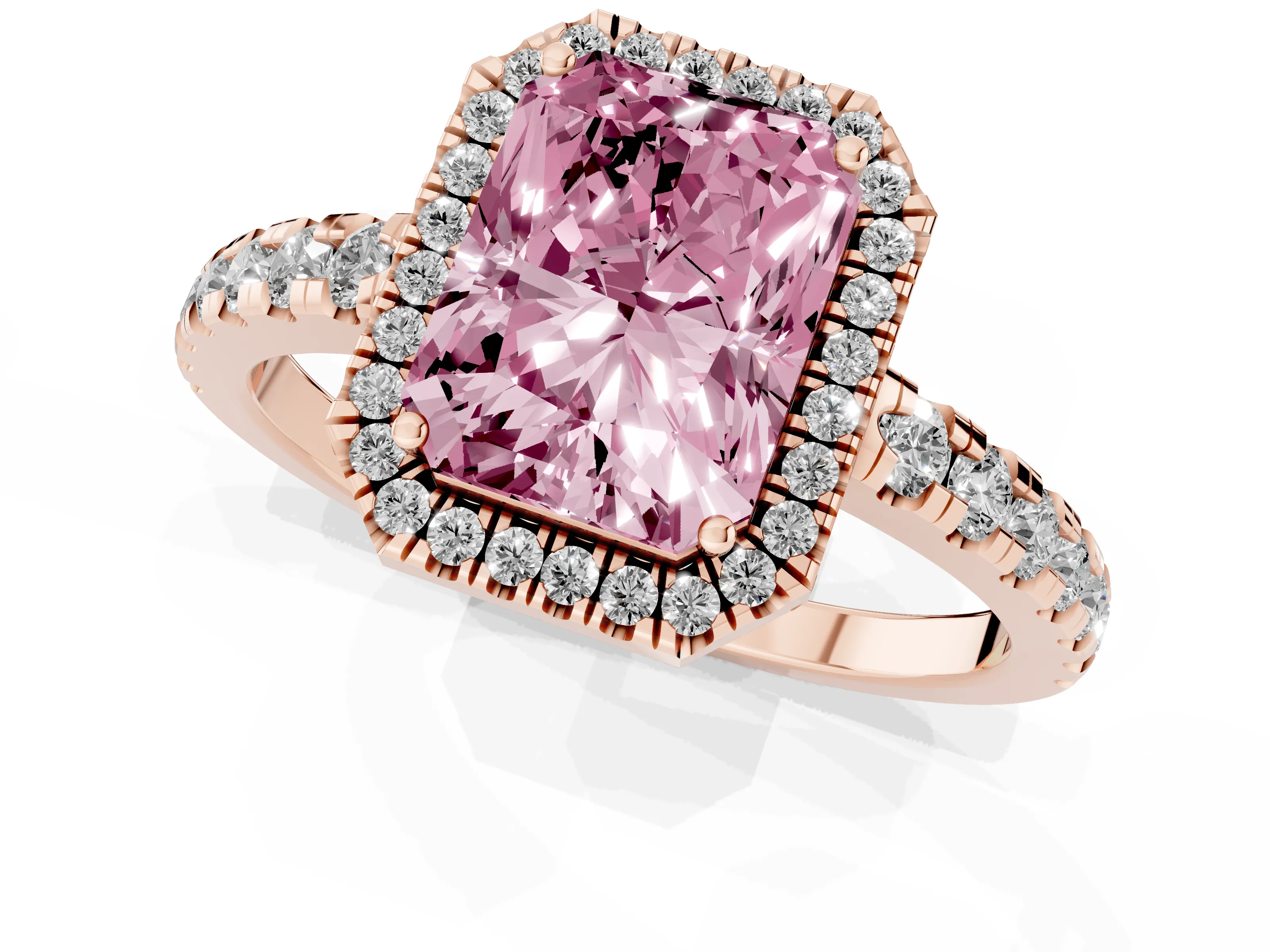 Fancy Pink Radiant Cut Diamond Halo Ring Set in Rose gold with Delicate Pavé Band and Prong Setting