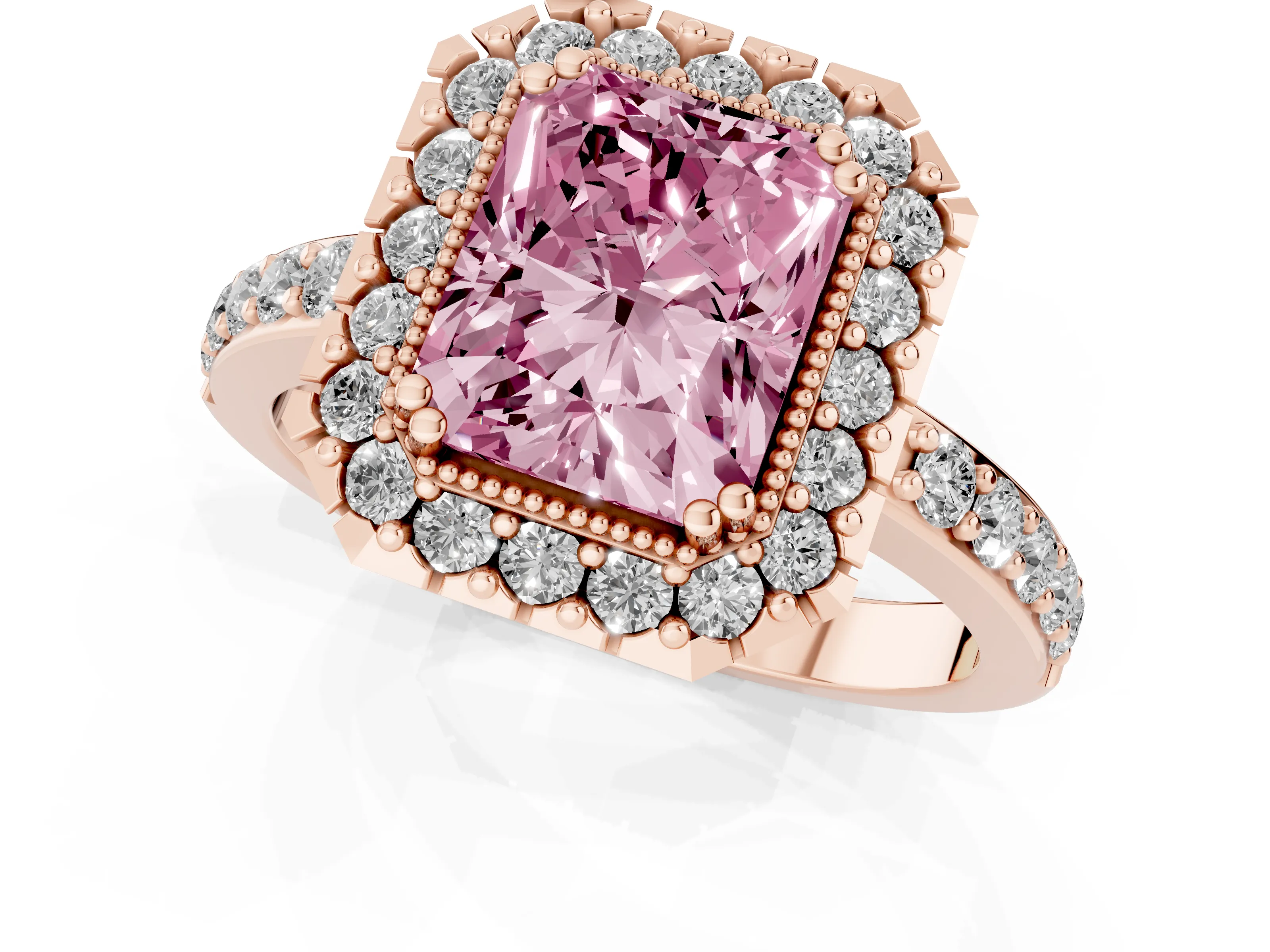 Fancy Pink Radiant Cut Diamond Halo Ring Set in Rose gold with Pavé Shank and Prong Setting